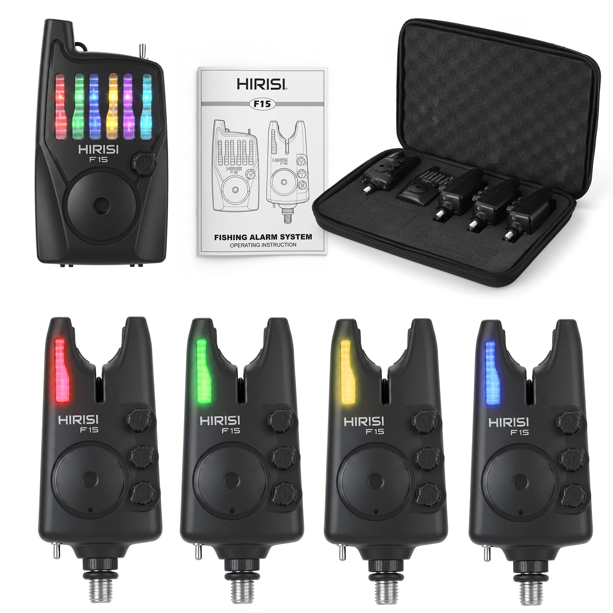 Hirisi Tackle Karpfenangeln Bissanzeiger Set mit Fernbedienung (Funkempfänger), 6 Farben einstellbar, Nachtlicht, Einstellbarer Empfindlichkeit, Lautstärke und Ton, – Bissanzeiger Angeln