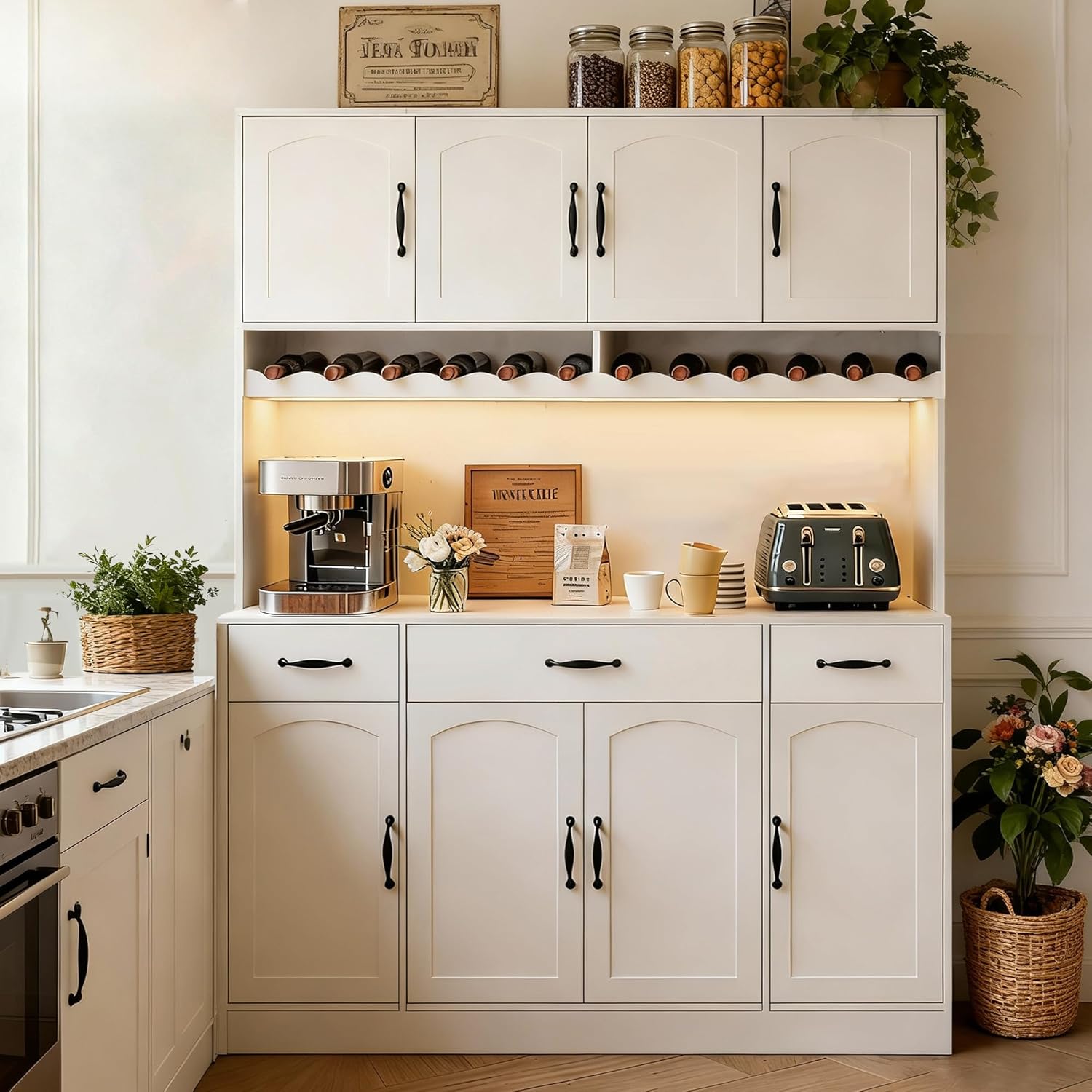 72" Tall Kitchen Pantry Cabinet with Charging Station 55" Wide Kitchen Hutch Cabinet with LED Light and Countertop Large Kitchen Pantry Storage Cabinet With Adjustable Shelves and Wine Rack