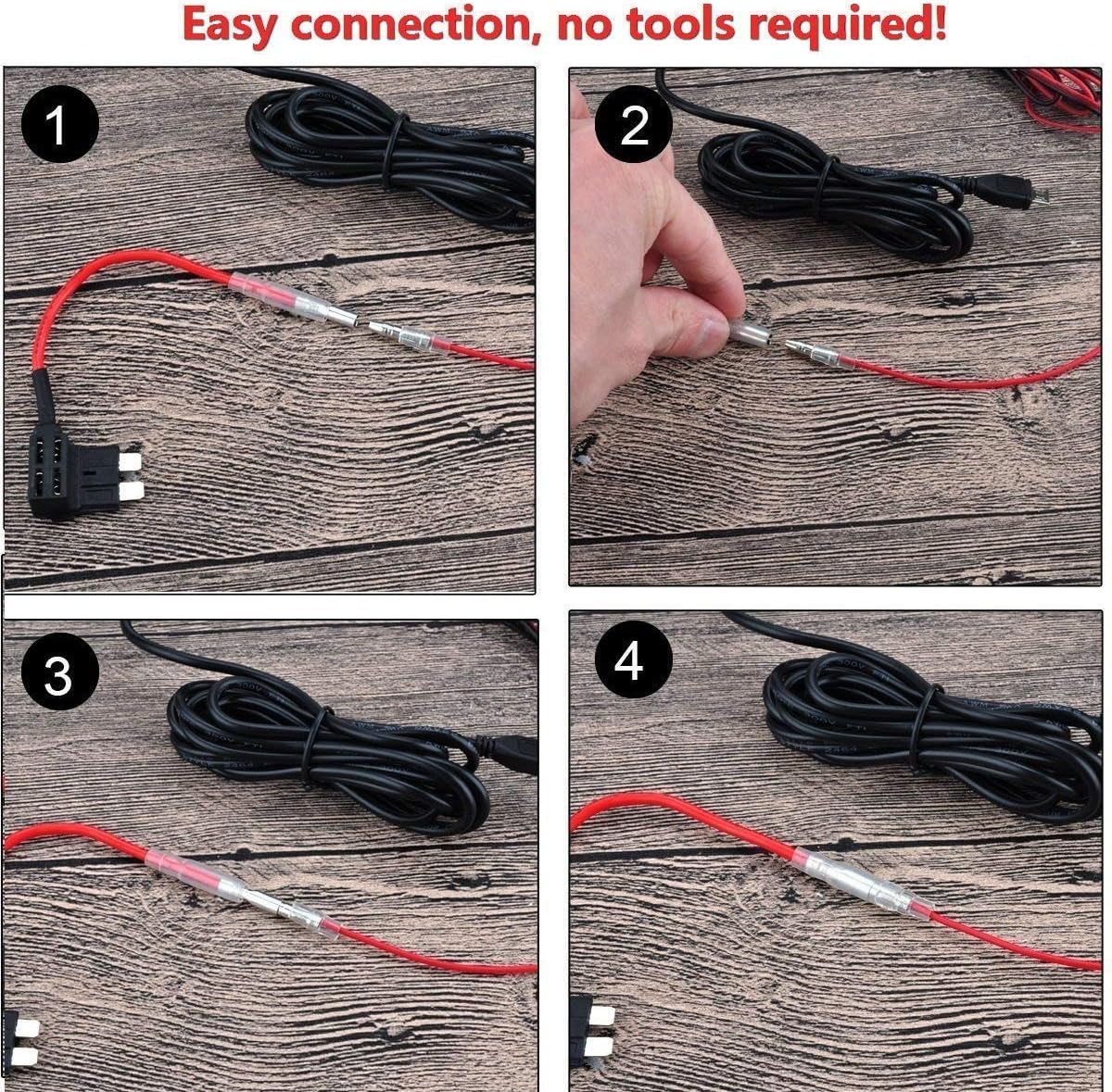 Four-panel image demonstrating easy connection steps for the hardwire kit, showing how to connect the red wire to the fuse tap.