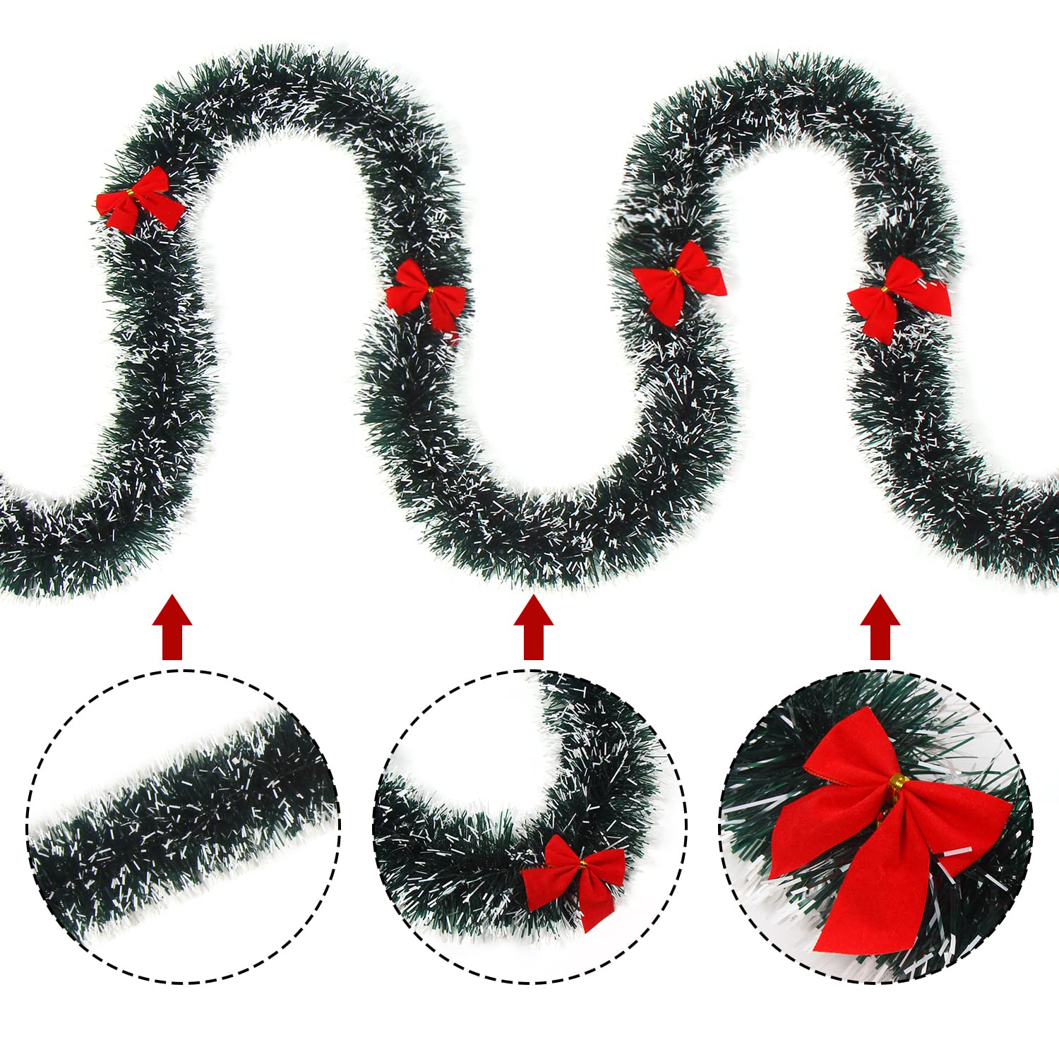 Guirlande Artificielle De Pin Pour Noël - 5 X 2 M (10 M Total) Avec 30 Nœuds Rouges - Décorations Intérieur/Extérieur - Vert Et Blanc