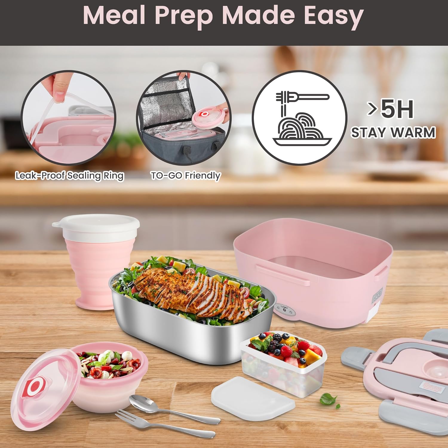 AOSION Electric Lunch Box for Adults, Heated Lunch Box 3-IN-1 80W Self Portable Food Warmer for Car/Truck/Office, Upgraded Lunch Box Leak-Proof Stainless Steel Container, Gifts for Women (Pink) - Image 4