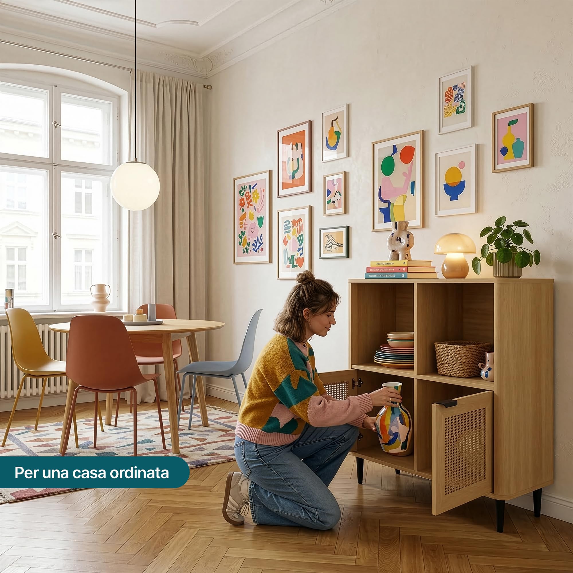 [en.casa] Mobile Contenitore Multiuso a 2 Ante Credenza con 4 Vani Portaoggetti Scomparti Chiusi Aperti per Soggiorno Camera da Letto Ingresso Studio 85 x 75 x 30 cm - Effetto Rovere/Rattan
