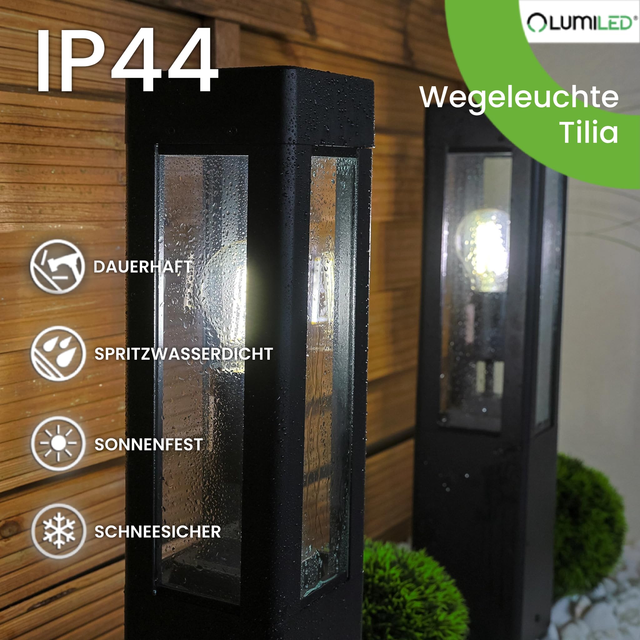 Lumiled Außenleuchte Pollerleuchte Außenstehleuchte Stehlampe Wegeleuchte Gartenleuchte Wegelampe stehend 50 cm IP44 Schwarz rechteckig spritzwasserdicht Aluminium E27 Fassung max 13W