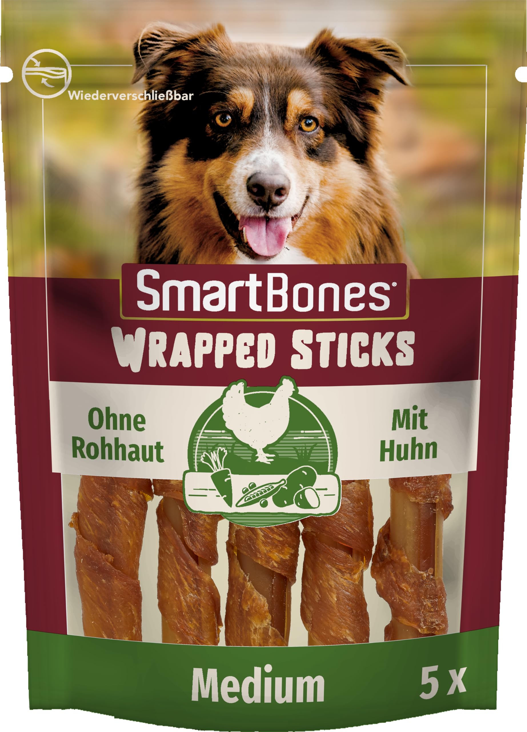 SmartBones Chicken Wrapped Sticks Medium - Hundesnack mit Huhn für mittelgroße Hunde, Kaustangen mit weicher Textur, ohne Rohhaut, 5 Stück