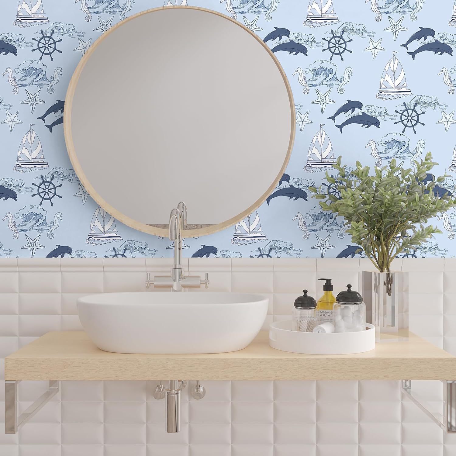 VaryStyle Blue Ocean Wallpaper Nursery Baby Blue Nautical Peel and Stick Wallpaper Coastal Blue Contact Paper for Cabinets Drawers Removable Adhesive Wallpaper for Kids Room Bedroom Walls 17.7"x118"