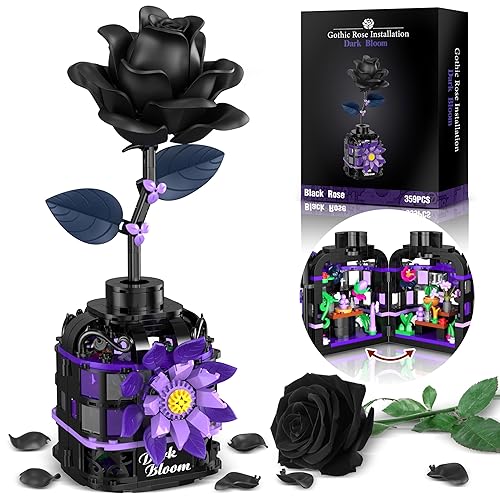 Alagoo Gothic Black Roses Building Blocks Kit, Mysterious Dark Bloom with Vase Toy Building Sets for Boys Girls, 359 Pcs Artificial Flower Building Toys Valentines Day Gifts for Her/Him