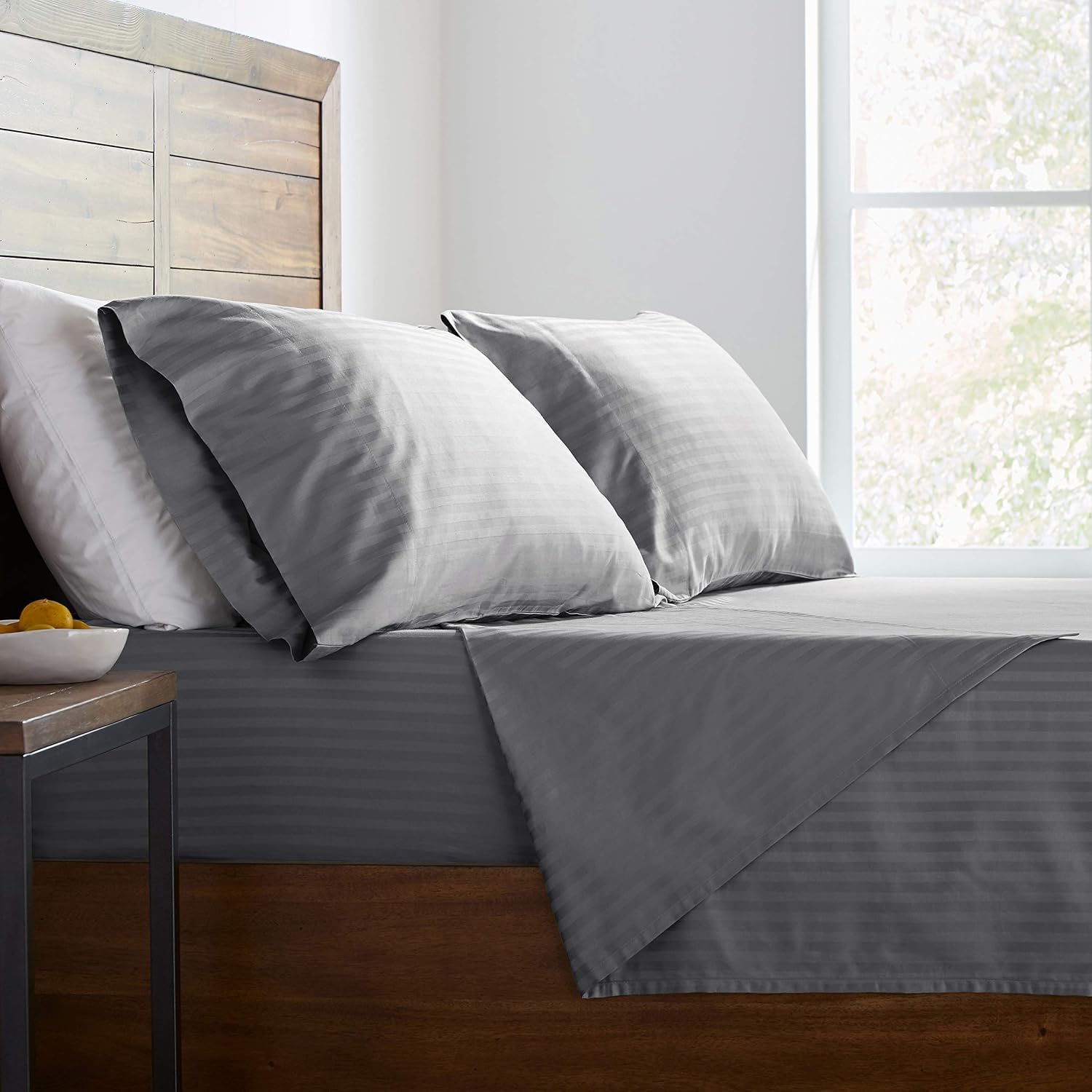 Amazon Brand – Stone & Beam 100% Cotton Stripe Sateen Sheet Set - King, Heather