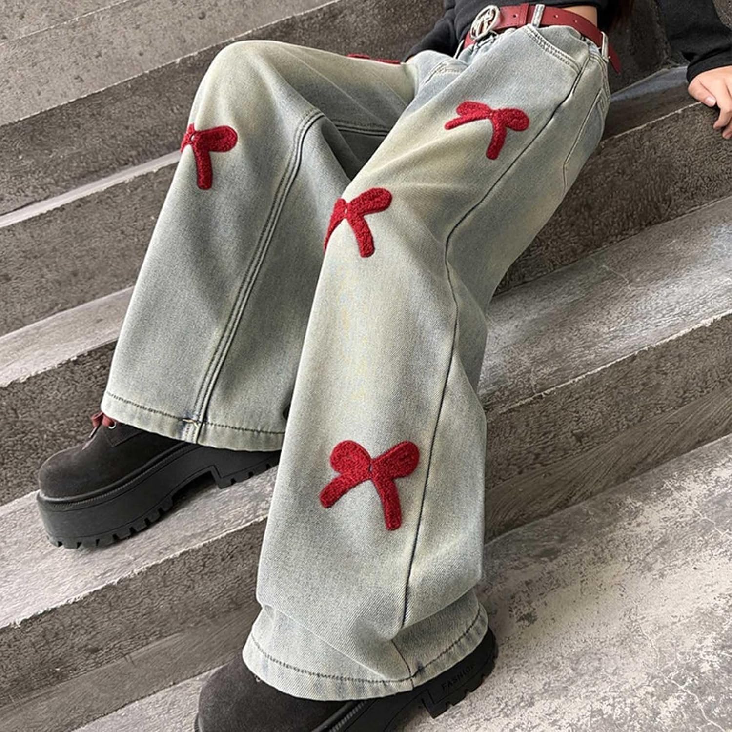 Cute Baggy Bowknot Jeans for Teen Girls Wide Leg Elastic Trendy Denim Pants Spring High Waist Y2k Streetwear Trousers