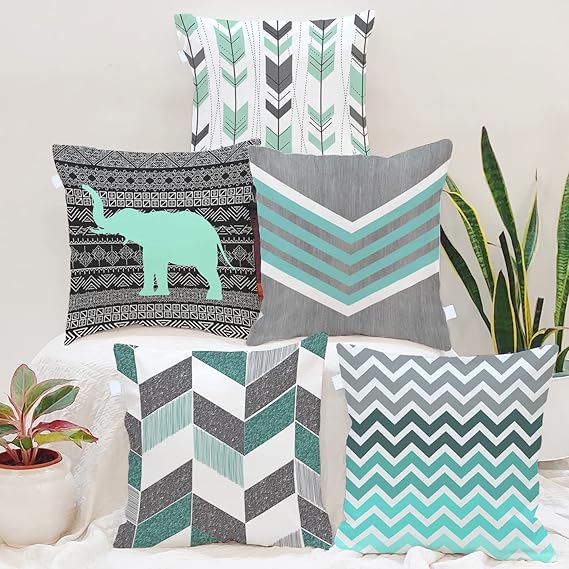 BRICK HOME Printed Canvas Cotton Cushion Cover (Grey, Teal, 16X16 Inches) - Set of 5
