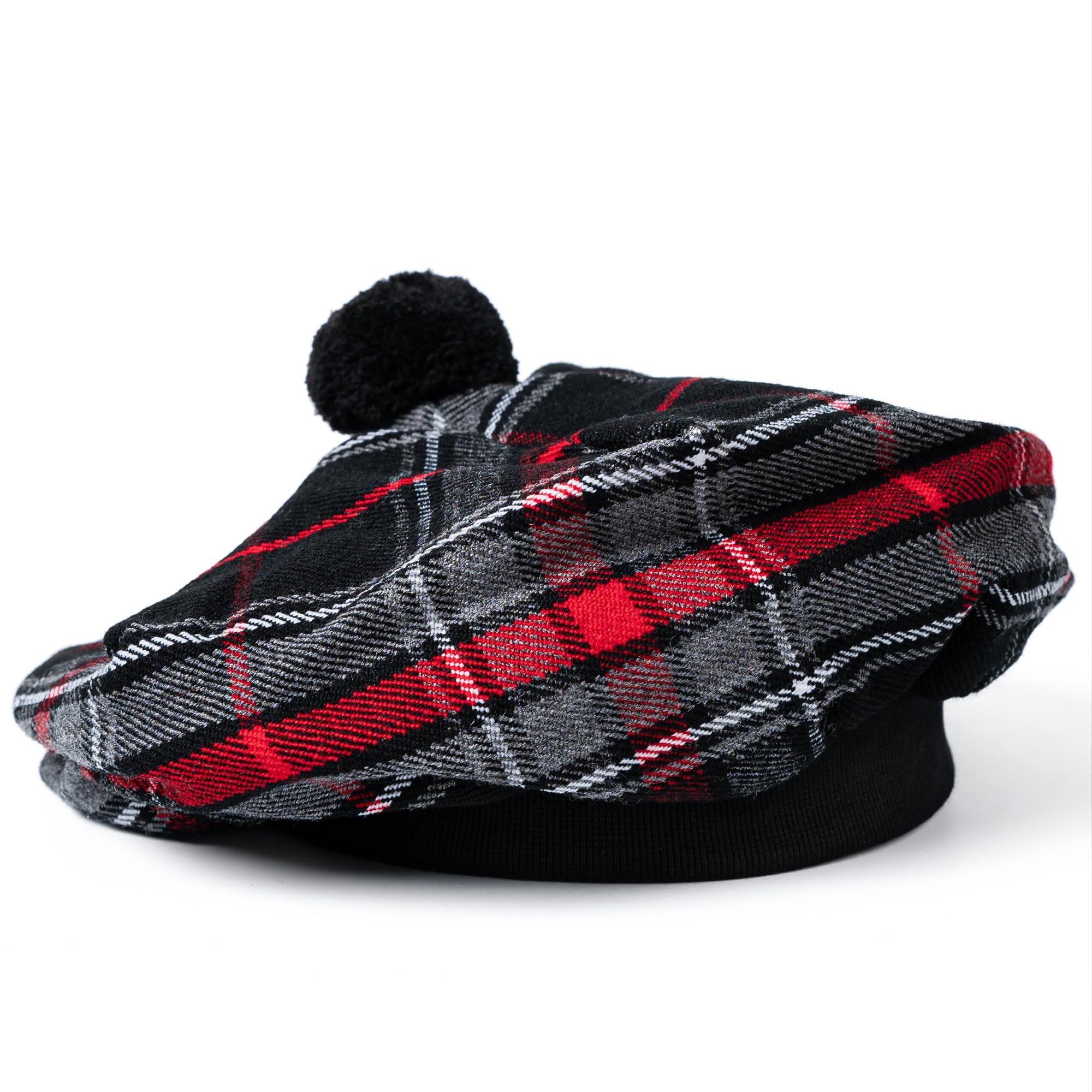 Scottish Tam O’ Shanter Hat Tartan Bonnet Pom Pom Wool Flat Cap One Size