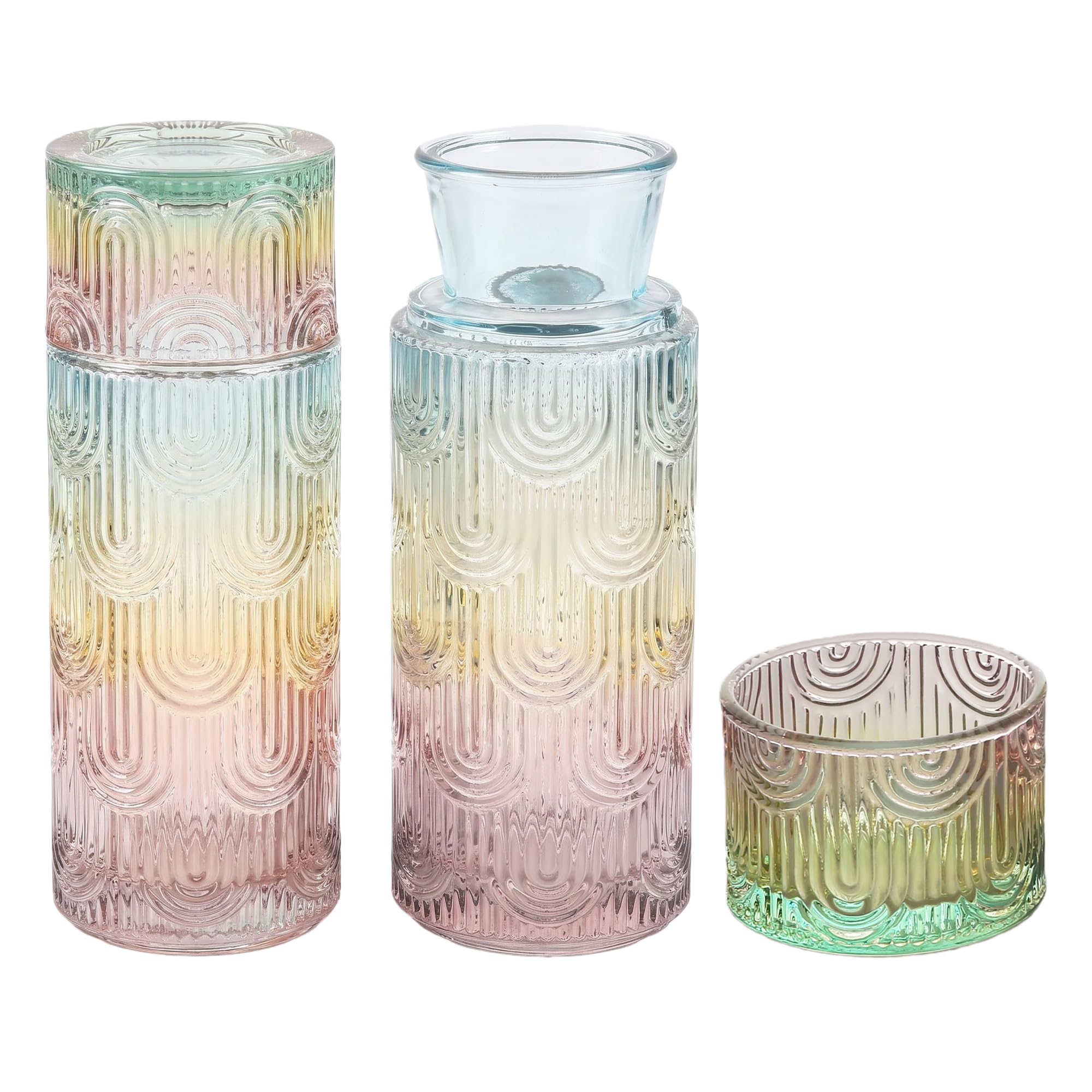 Bedside Water Carafe and Glass Set, Mouthwash Water Dispenser for Bathroom, 21.6 OZ Glass Pitcher Bottles with 6 OZ Lid for Kitchen Bedroom and Dining (Colorful)