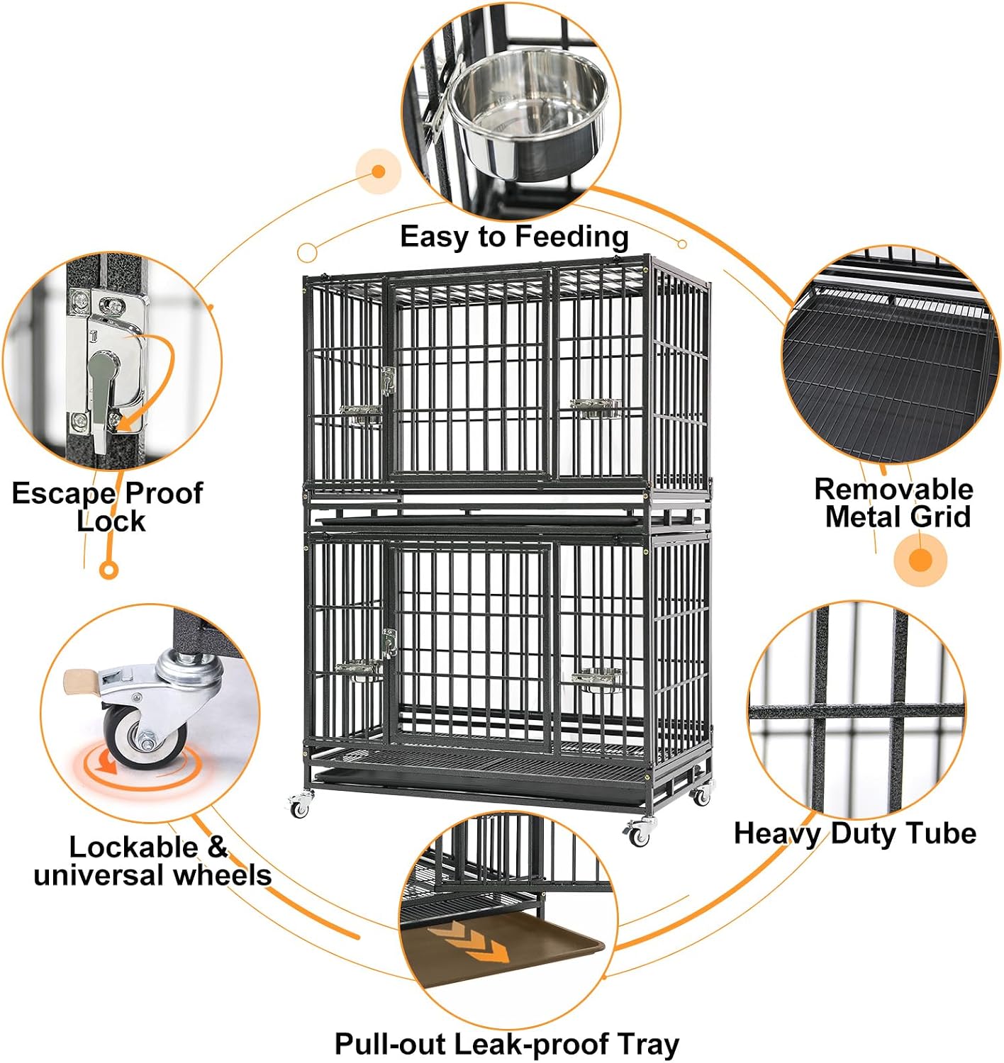 Homey Pet Two Tiers 37 Inch Dog Crate Cage Kennel with Feeding Bowls, Lockable Wheels and Removable Tray, Escape Proof Metal Wire Heavy Duty Dog Crates for Medium/Small Sized Dogs (6 Pack)
