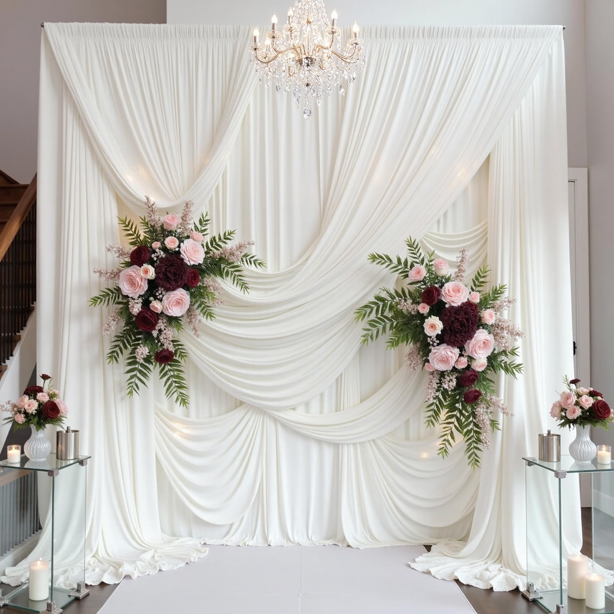 50ft×15ft Ivory Backdrop Curtain for Wedding Parties, 10 Panels Wrinkle Free 15 FT Long Polyester Photo Backdrop Drapes Back Drop Cloth for Birthday