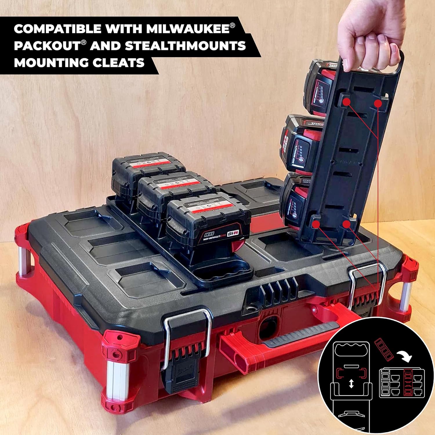 StealthMounts Battery Holder for Packout Compatible with Milwaukee M18 Batteries | StealthMounts Battery Board w/Handle & Feet Compatible with Milwaukee Packout | Made in The UK
