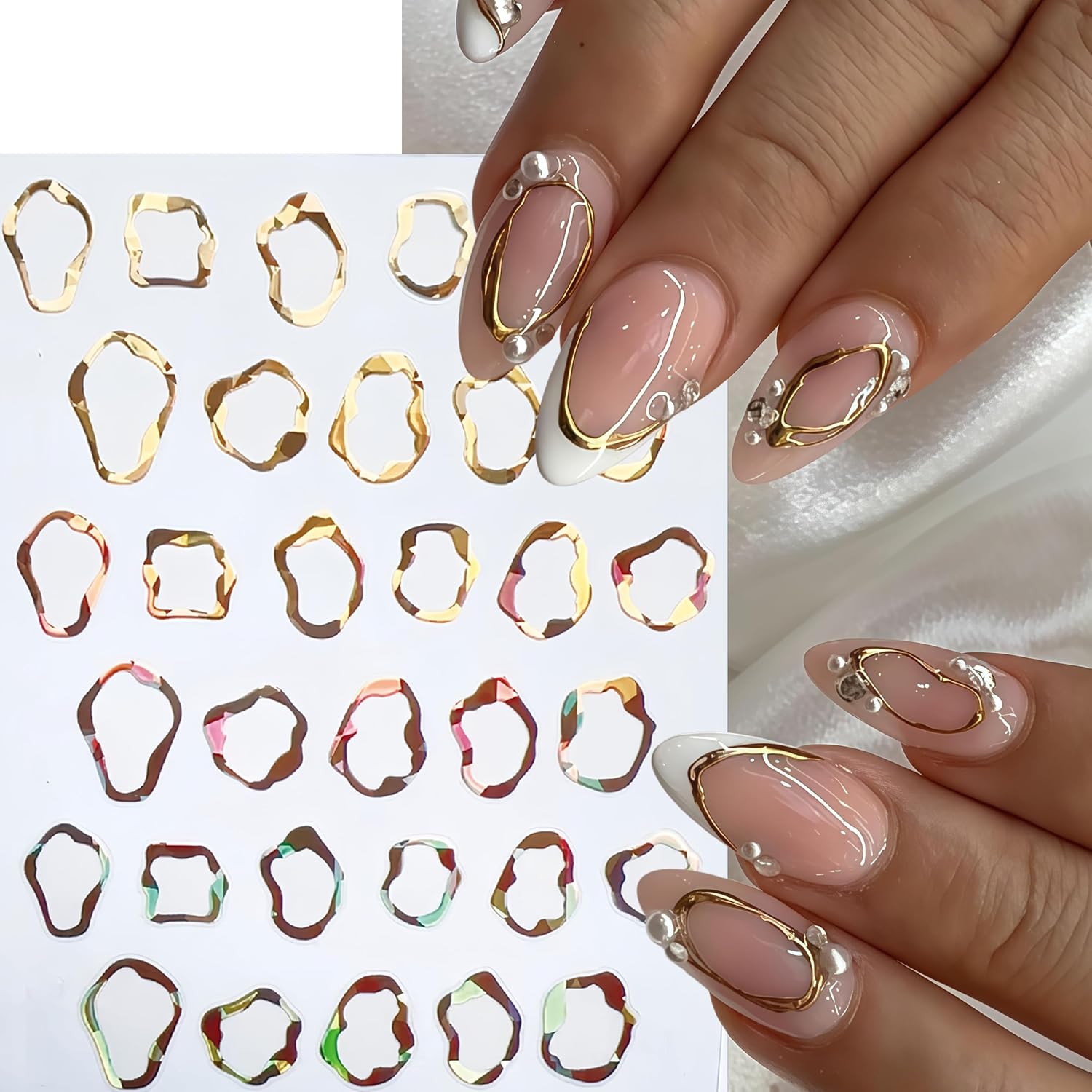 8 Sheets Irregular Geometric Frames Lines Nail Art Stickers 3D Self Adhesive Luxury Gold Silver Laser Irregular Frames French Nail Decals Irregularity Nail Design for Women DIY Manicure Decoration image 3