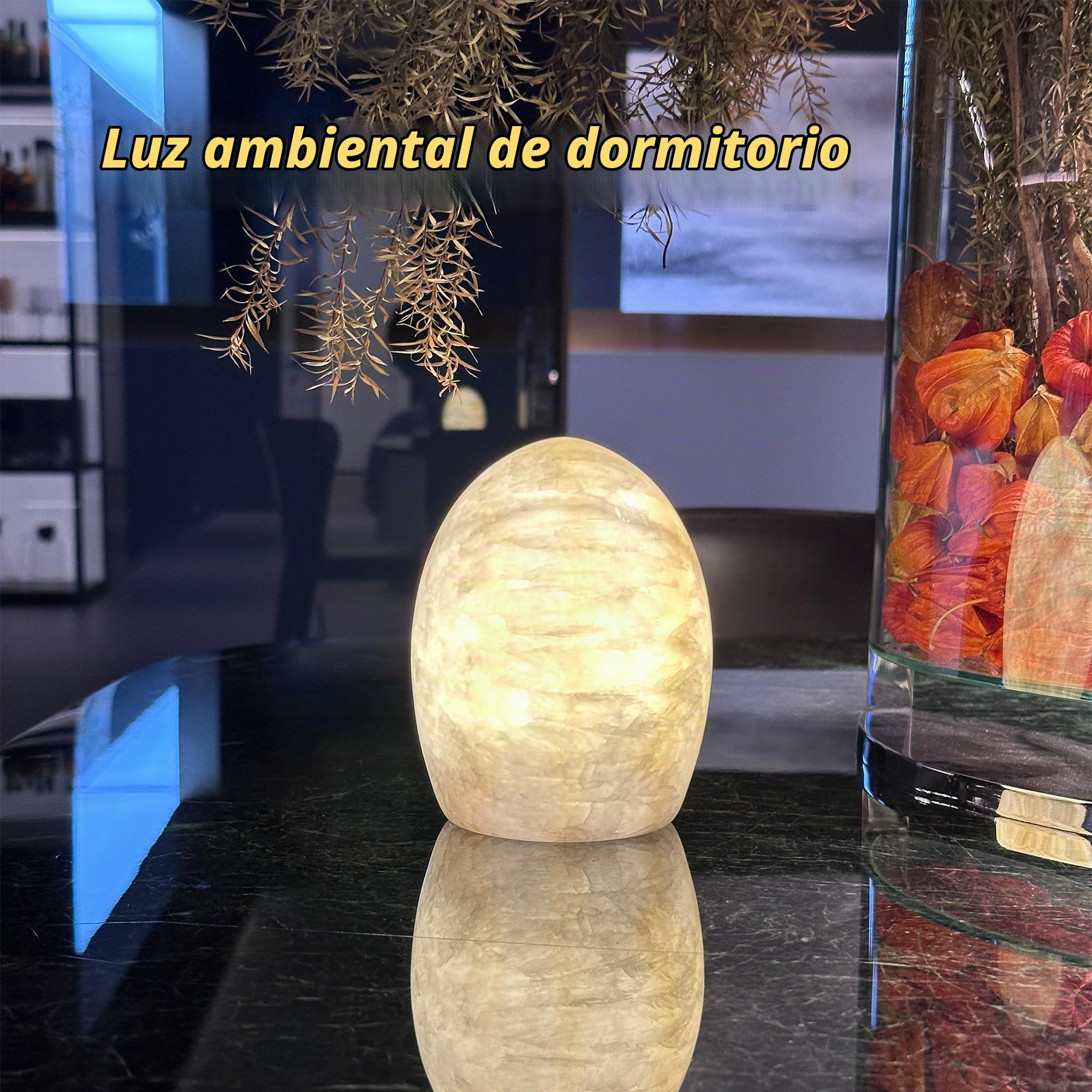 Marmor Lámpara de Noche Mármol Ovalada Regulable, Luz de Mesa LED 3 Modos, Lámpara Piedra Recargable, Iluminación Ambiental