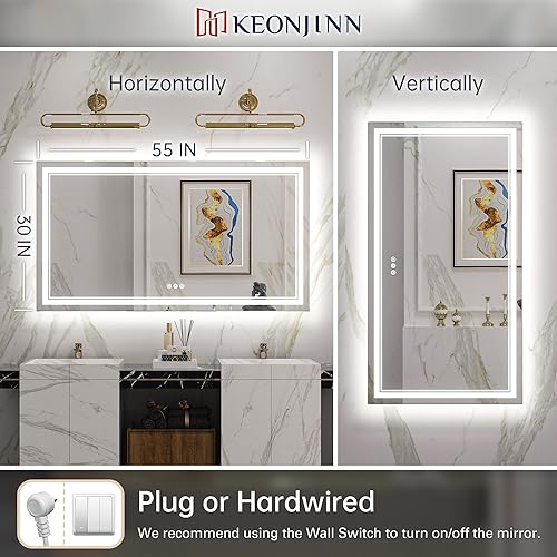 Miniatura 9 de Keonjinn Espejo de baño LED con luces, 55 x 30 pulgadas con frontal y retroiluminación, 3 colores de temperatura y regulable, espejo grande de