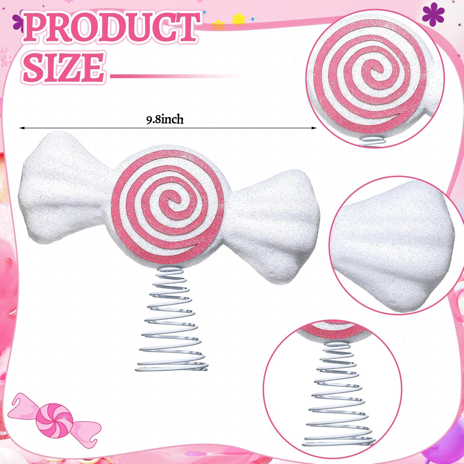 Retisee 9.8 in Large Christmas Pastel Candy Cane Tree Topper Pink Candy Swirl Treetop Pink Christmas Ornaments for Xmas New Year Birthday Party Tree Decorations