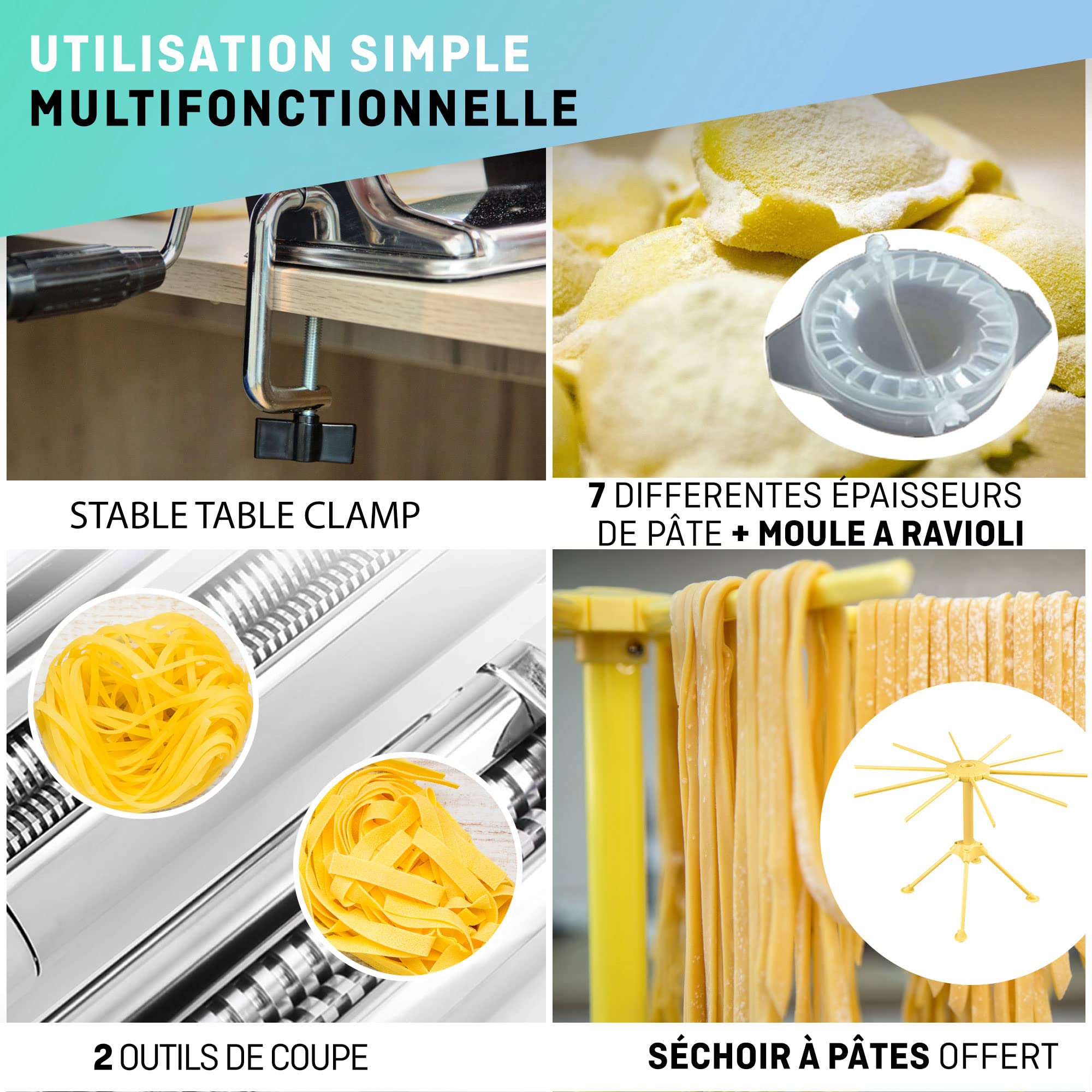 VeoHome Machine à pâtes Manuelle avec séchoir - Acier Inoxydable Outil Polyvalent réglable en épaisseur, laminoir et manivelle - Nouilles fraîches Maison, Spaghetti, lasagnes