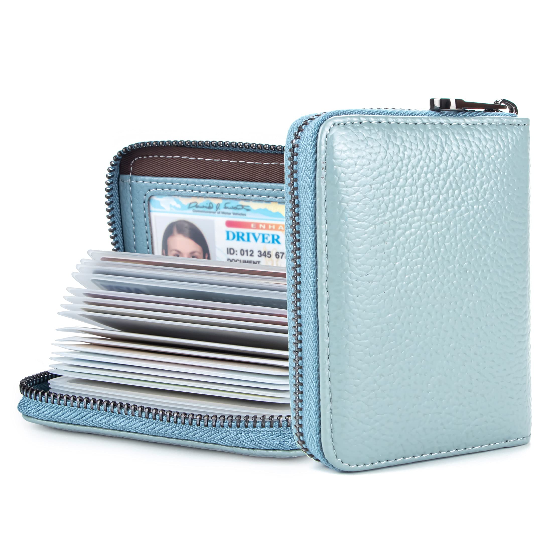 Genuine Leather Credit Card Holder Wallet RFID Blocking Secure Card Case ID Case Organizer Zipper Wallet (A-Light blue)