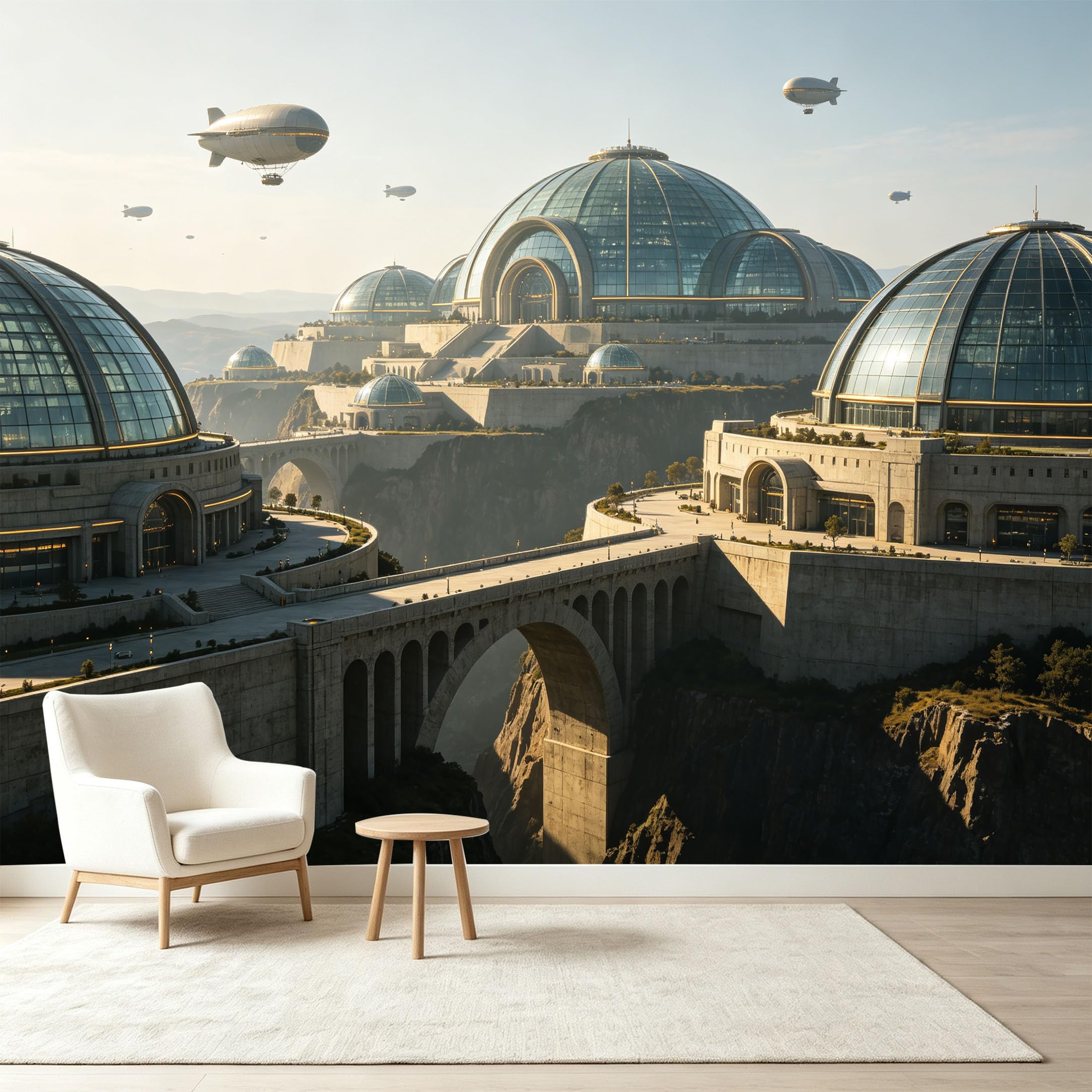 Custom Size Wall Murals Futuristic Cityscape Dome Architecture Airships Self-Adhesive Wall Fabric Removable Wallpaper Wall Decor for Living Room Bedroom Bathroom