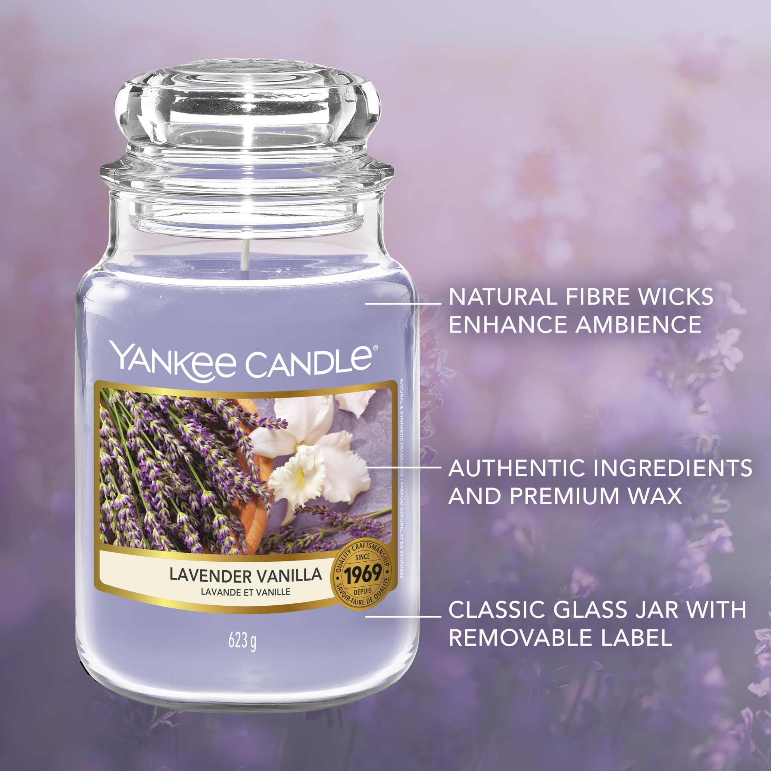 Yankee Candle Świeca zapachowa - duży słoik lawendowy waniliowy - długie świece: do 150 godzin - prezenty dla kobiet