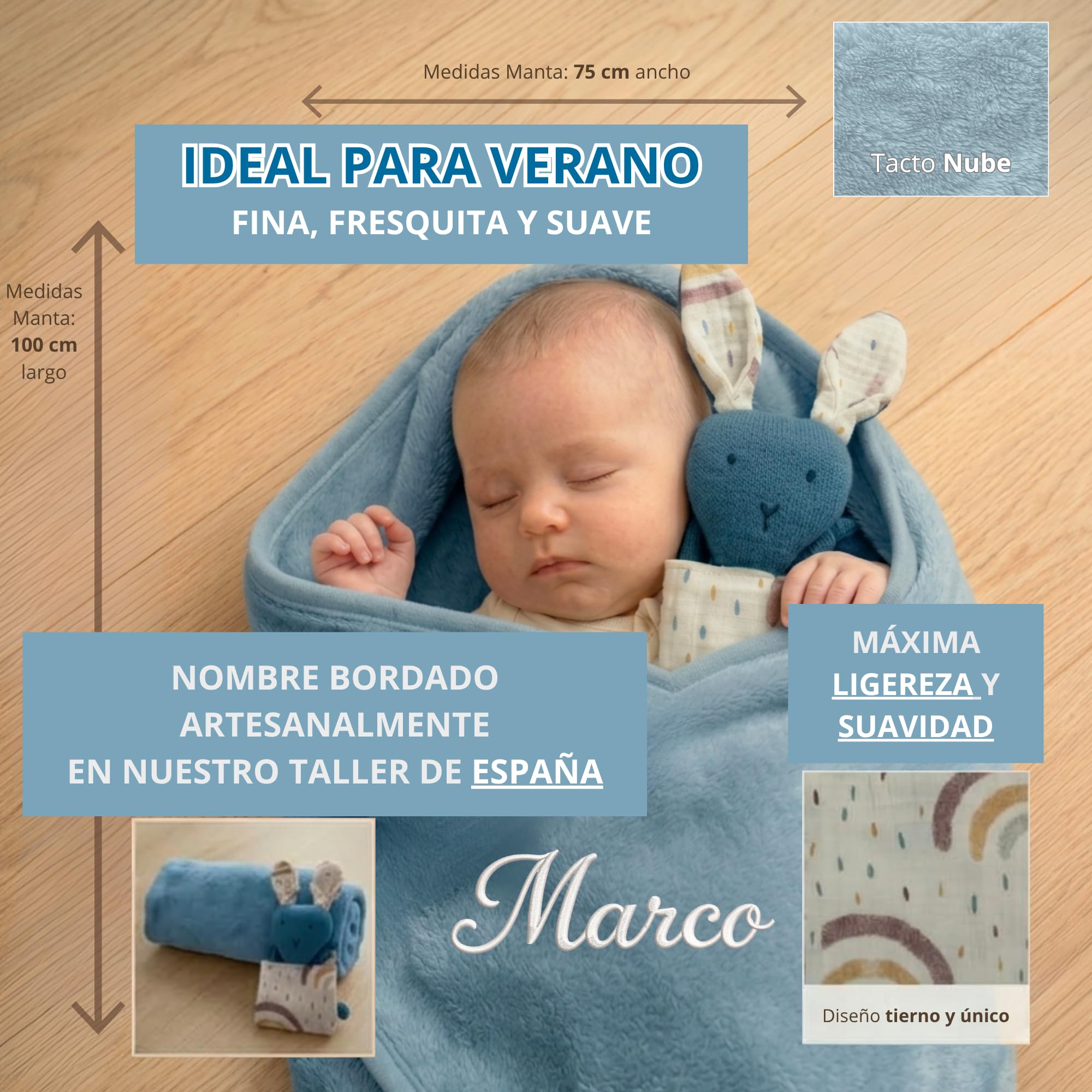 Manta Bebé Personalizada Nombre Bordado + Dou-Dou 100% Algodón - Fina y Ligera para Verano. Regalo Recién Nacido Niño Niña - Manta Suave y Peluche - Regalo Padres y Mamás Primerizas (Azul) - 2