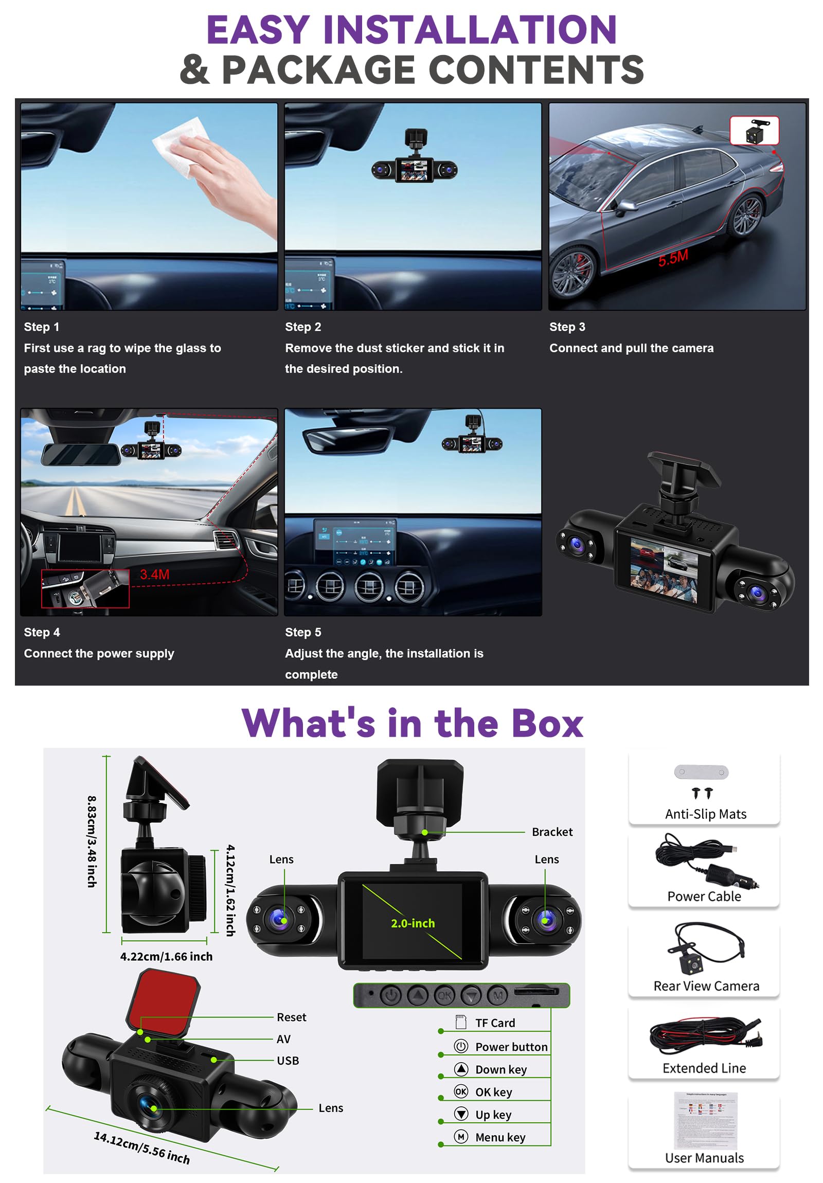 SIXWIN 4-Kanal 1080PDashcam Auto 360 Grad,2 Zoll Display mit 4 Auto Kameras,Front in 1080P+3 * 480P,Loop-Aufnahme,Nachtsicht, WDR,Bewegungserkennung, Einfache Montage