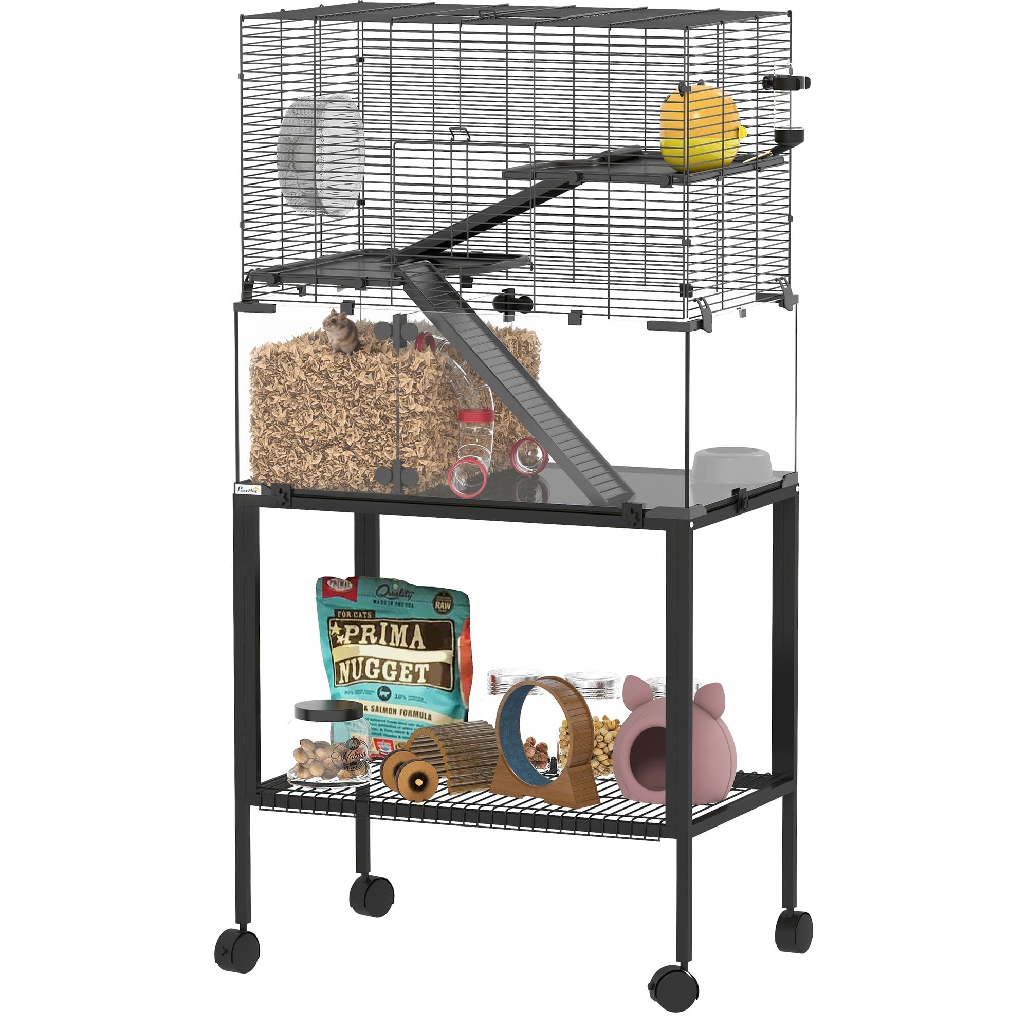 PawHut Jaula para hámster con ruedas de 3 niveles, jaula para roedores y animales pequeños con sistema de tubos, cabaña, rampas, comedero y accesorios, jaula para ratones, jaula para hámster enano, 77