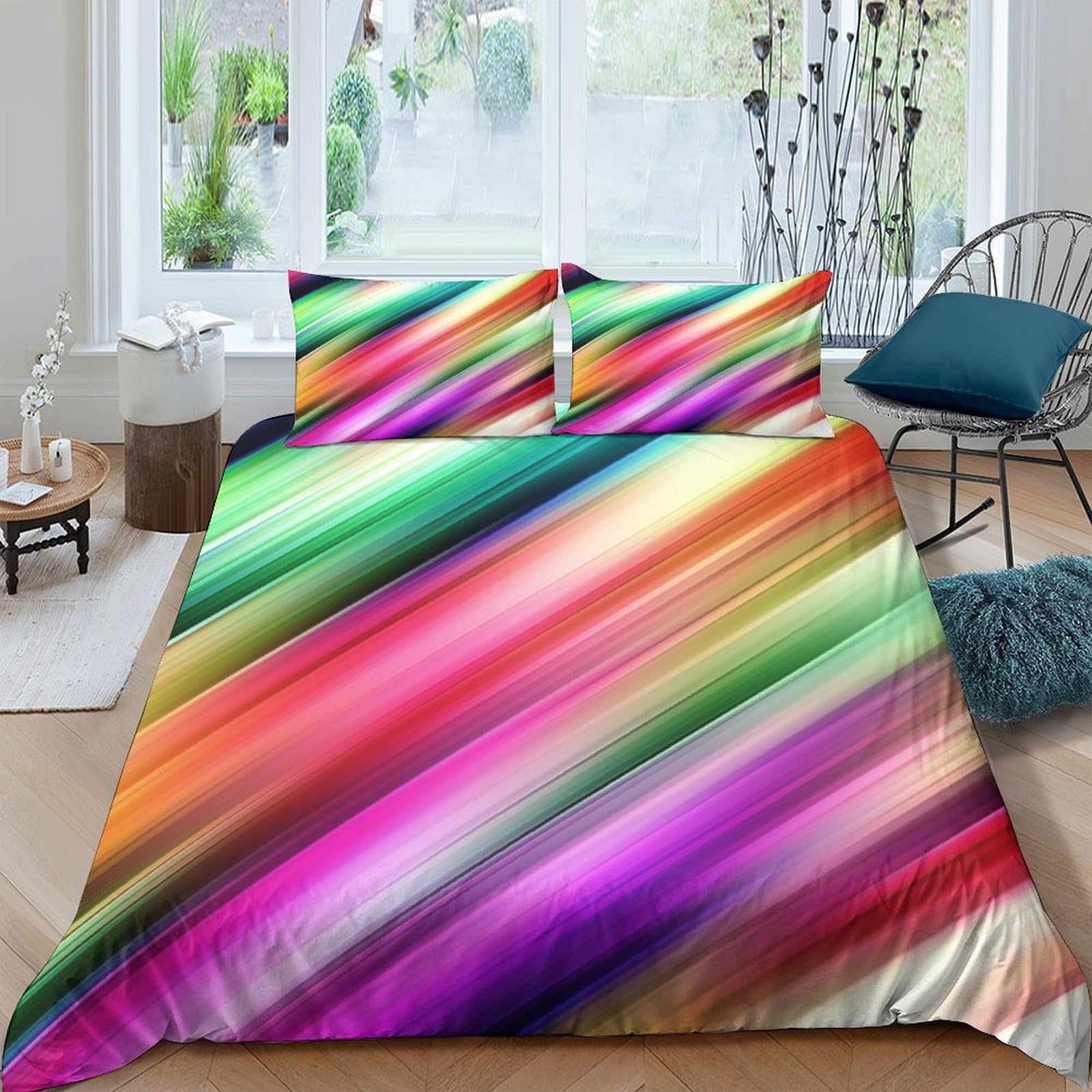 Housse de couette arc-en-ciel 3D microfibre 220x240cm avec taies d'oreiller pour lit King