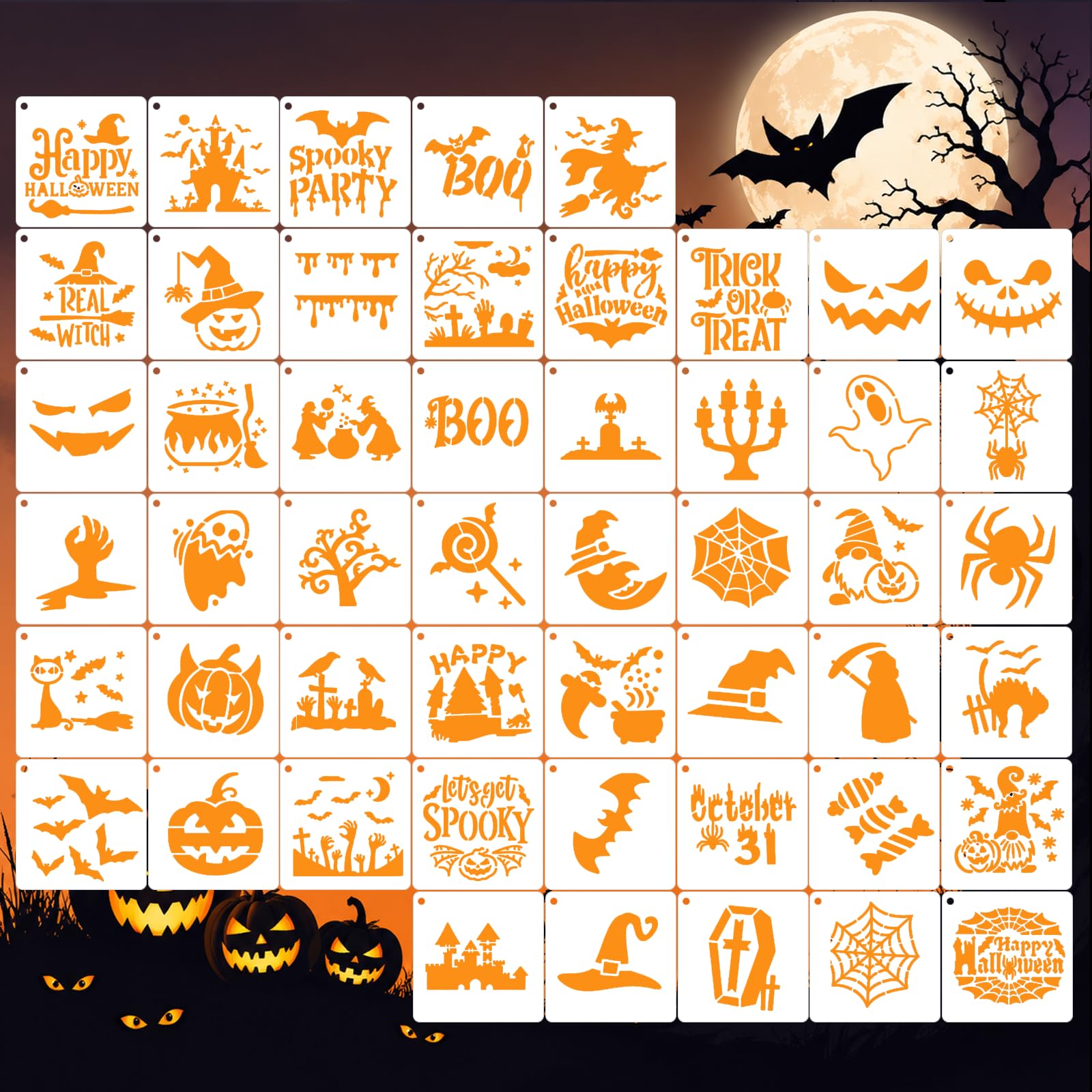 50 PCS 3 Inch Halloween Stencils for Painting, Reusable Stencil Templates with Pumpkin Ghost Bat Witch Spider Designs for Wood, Wall, Canvas, Cards, DIY Holiday Crafts