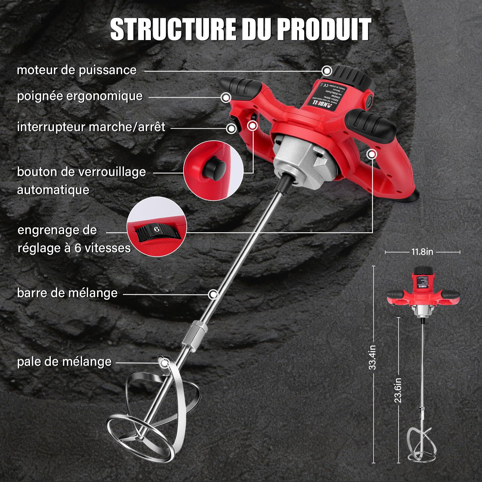 Anbull Malaxeur Mortier Colle, mélangeur pour peinture et mortier 2100W