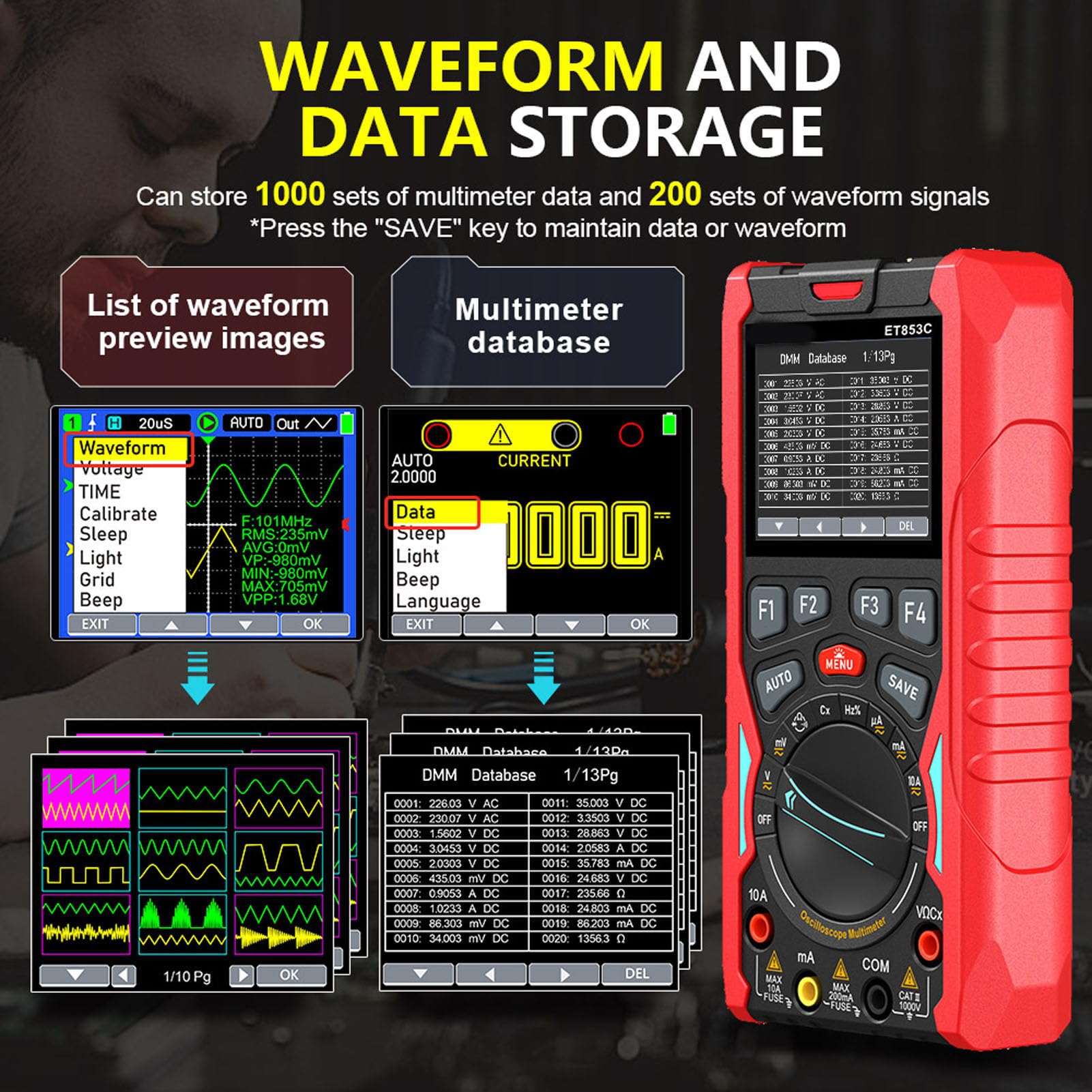 Akozon Multímetro de Osciloscopio Digital Multímetro 3in1 Generador de Mano 40MHz Ancho de Banda 200 Ms/s Tasa de Muestreo 20000 Recuentos para Pruebas de Laboratorio Electrónica
