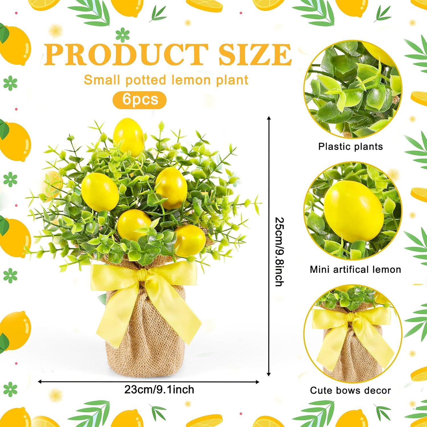 Dlerom 6 Pack Artificial Potted Lemon Flowers Plastic Faux Lemons in Small Burlap Bag Vases Fake Lemons Potted Plants for Mother's Day Spring Summer Home Farmhouse Indoor Outdoor Table Decoration