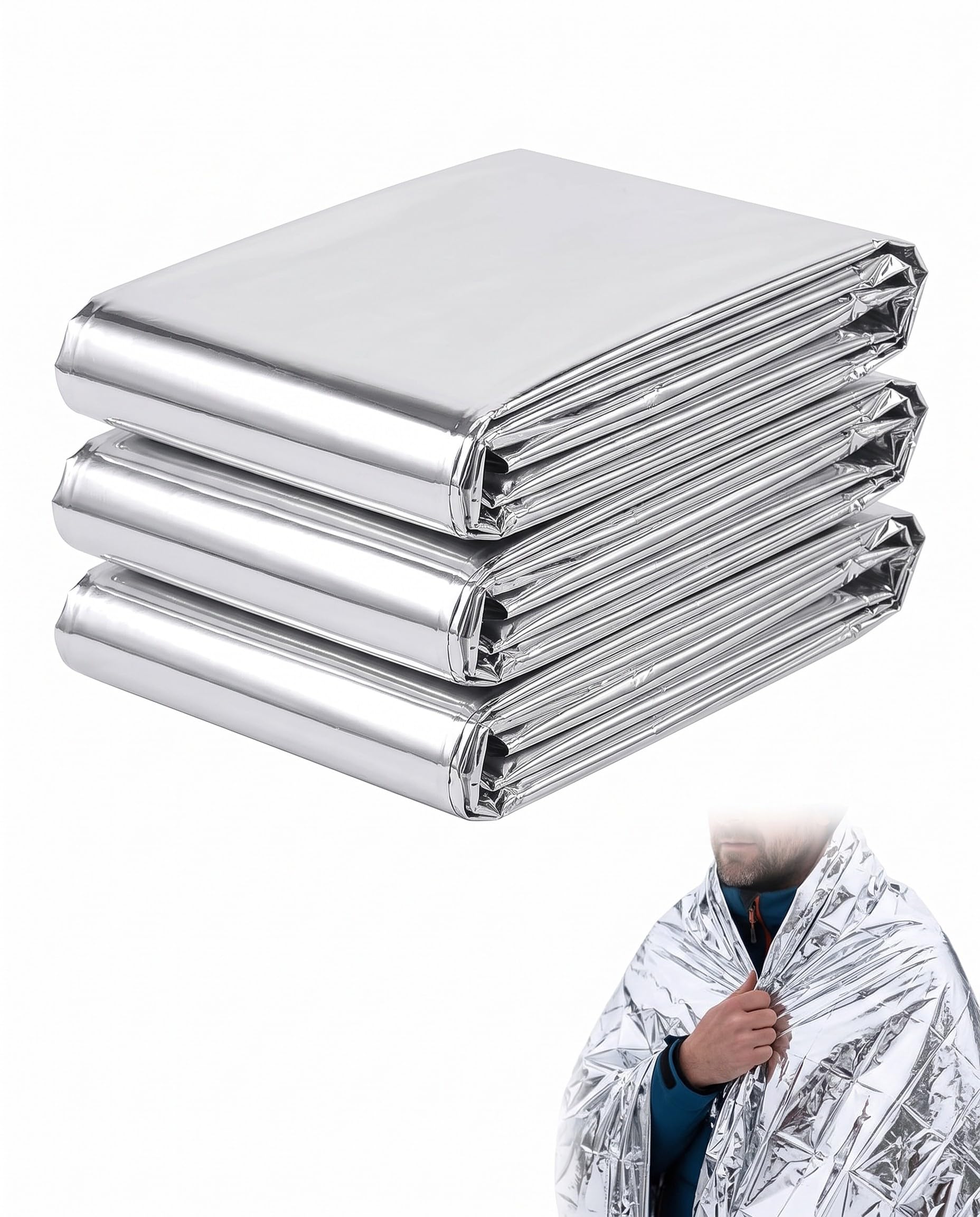 XUKZIMA Emergency Blanket, 3-Pack Silver Mylar Foil Survival Blanket 130x210cm, Ultra-Compact Heat Reflective Insulation for Outdoor Camping, Hiking & Vehicle Safety Kits