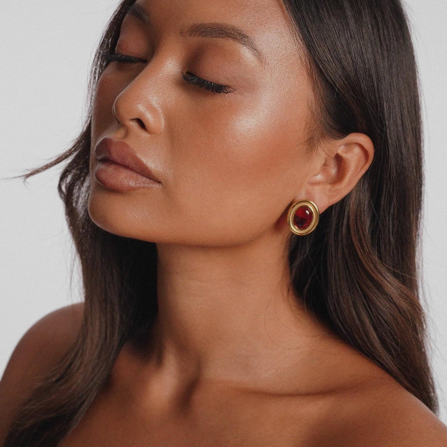 Big Chunky Gold Stud Earrings Red Vintage Statement Earrings Unique Oval Studs Christmas Jewelry - Image 2