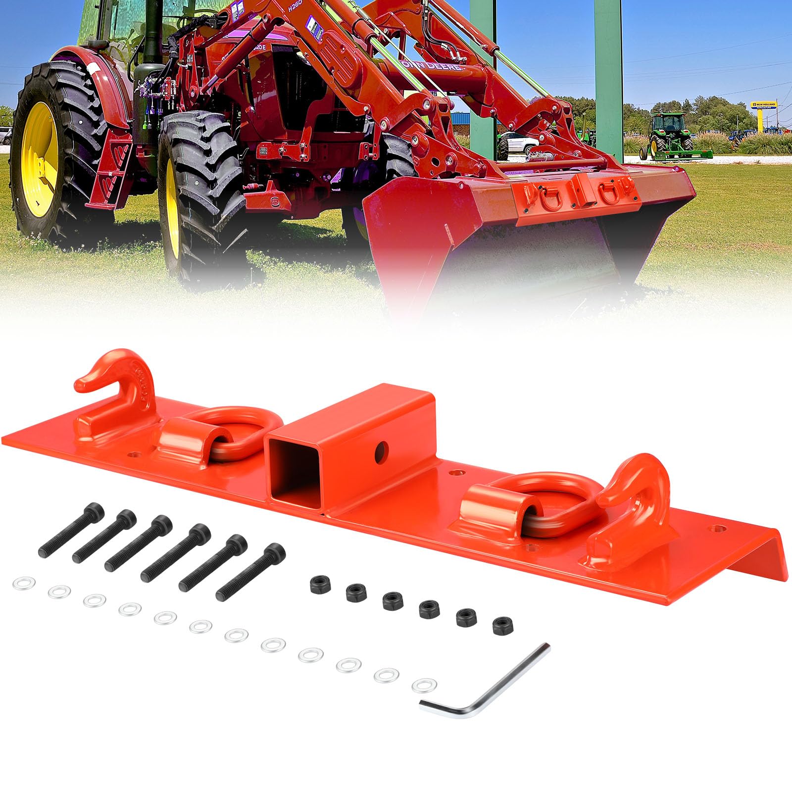 Crochet de remorquage universel pour godet de tracteur - Récepteur 2" avec anneaux en D - Fixation boulonnée robuste - Installation facile pour chargeur compact - Accessoire durable - Couleur