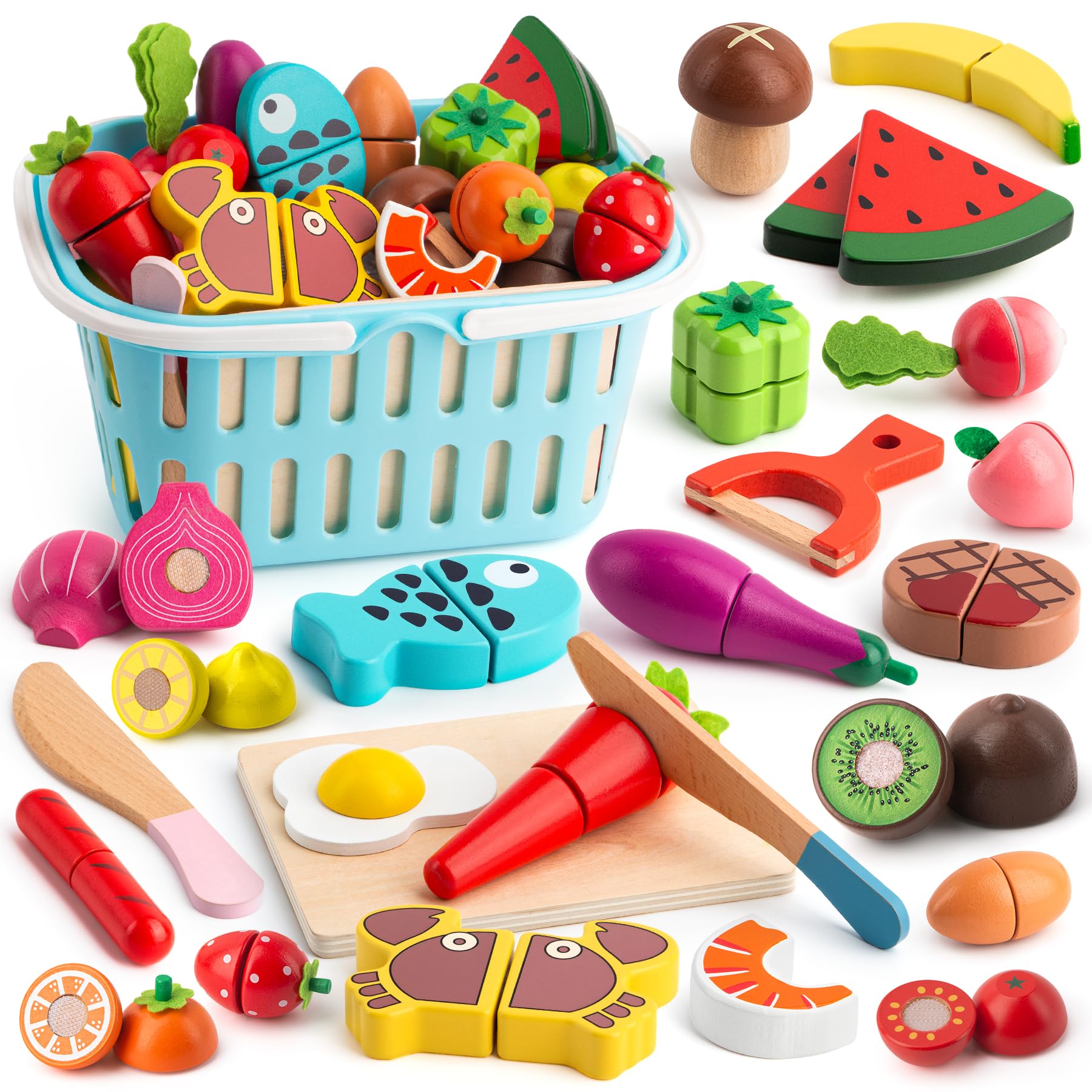 BunnyJOY Wooden Play Food Set, Wooden Food Toys, 26 PCS Fruits and Vegetables, Kitchen Accessories Toys for Girls Boys Aged 3+, Wooden Grocery Items, Gift for Pretend Play