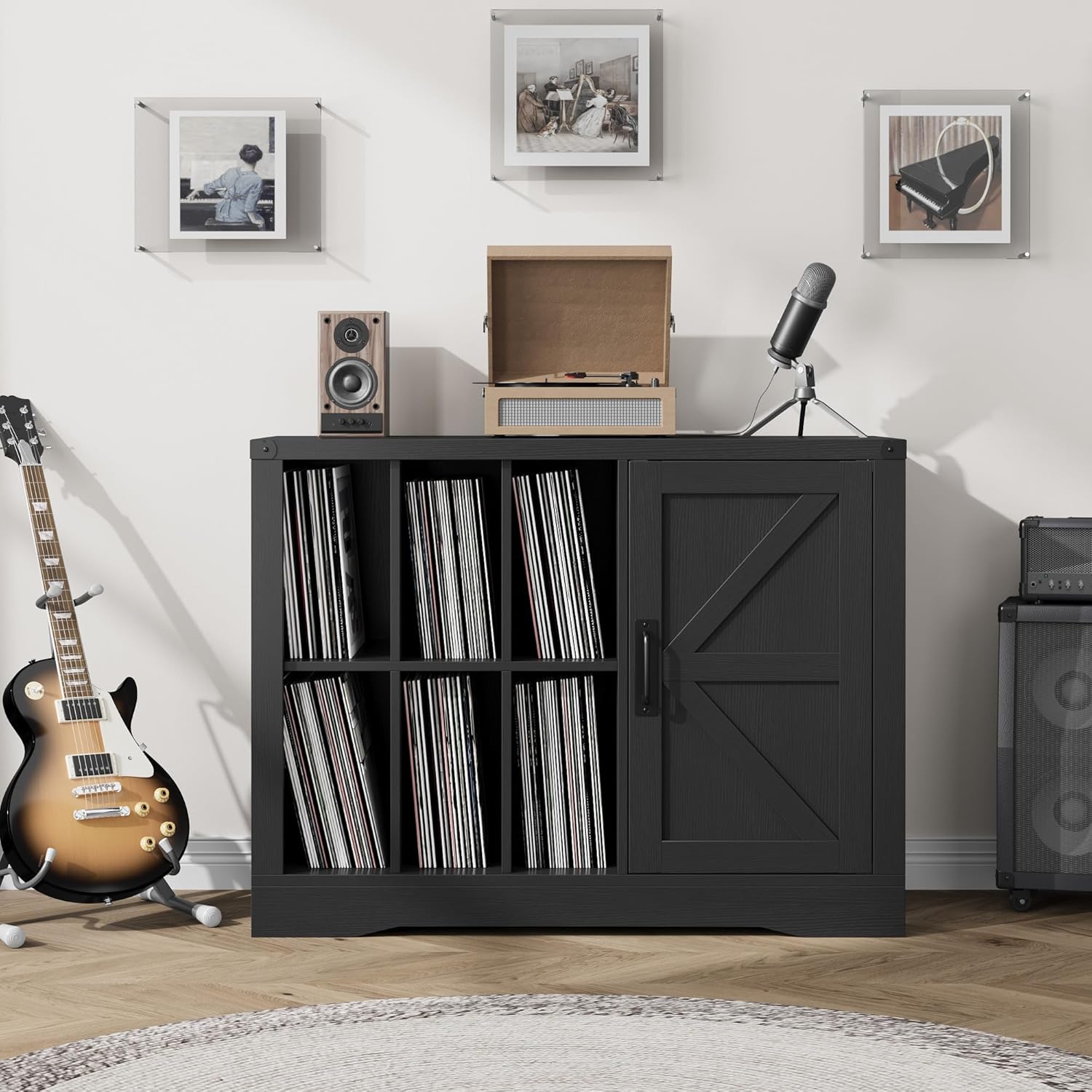 Garvee Record Player Stand Cabinet with Door, Farmhouse Turntable Storage Cabinet with Holder Shelves up to 750 Albums, Wooden CD DVD Table Rack for Living Room, Black