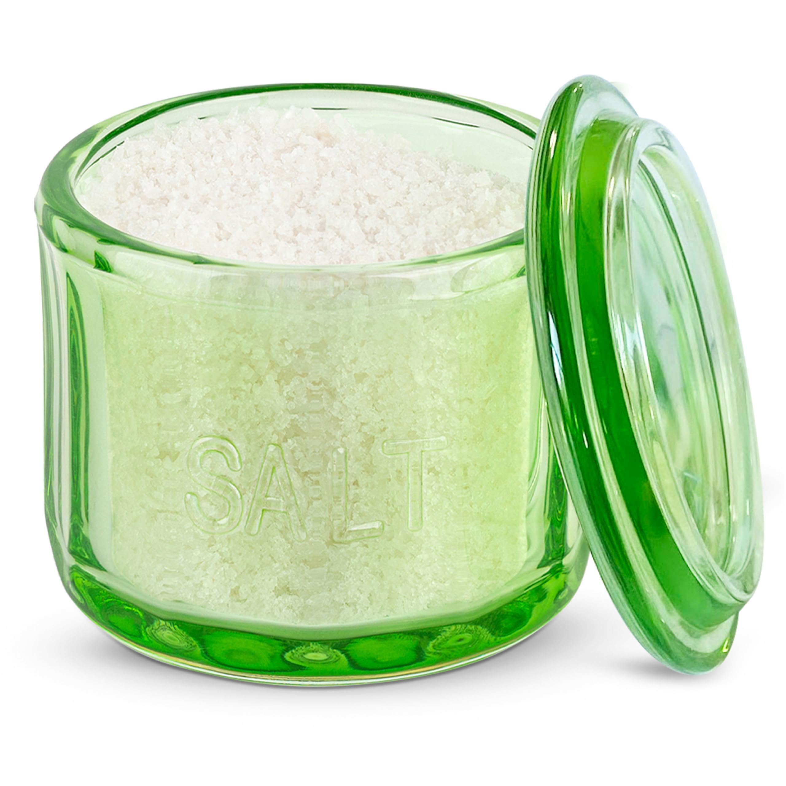 KooK Glass Salt Cellar, with Lid, Embossed Pressed Glass, Clear Storage Container, for Coffee, Sugar, Spices and Candies, 10 oz (Lime Green) — image 1