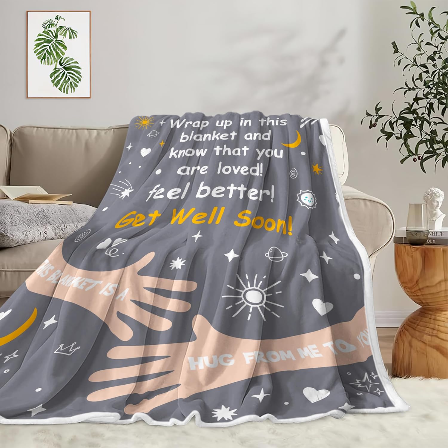 Get Well Soon Gifts Blanket for Women Men, Warm Hugs Soft Throw Blanket, Inspirational Hug Healing Blanket with Warm Words, Feel Better After Surgery Healing Gifts for Friends, Family,60X80,Grey