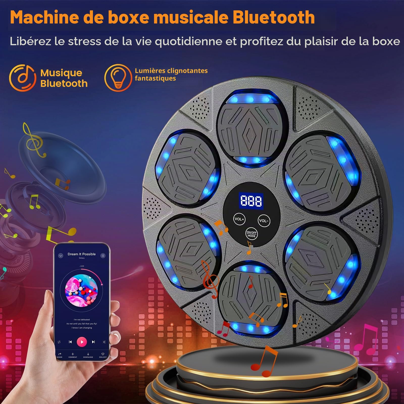 Machine de Boxe Musicale,9 modes de vitesse Music Boxing Machine avec Gants de boxe,Smart Bluetooth Music Boxeur électronique,LED Boxe Mural Musique pour Adultes et Enfants pour Gym et la Maison