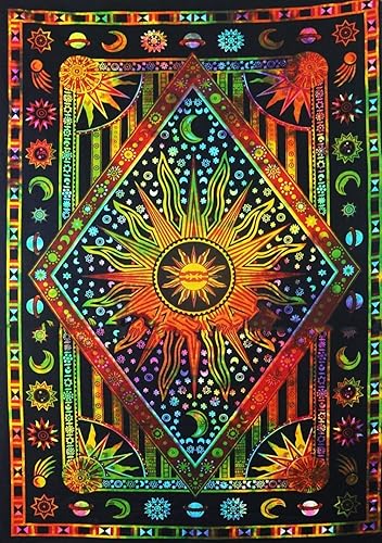 Tapiz bohemio de sol y luna celestial de teñido anudado dorado para colgar en la pared, tapiz bohemio hippie, tapiz hippie, cortina de playa