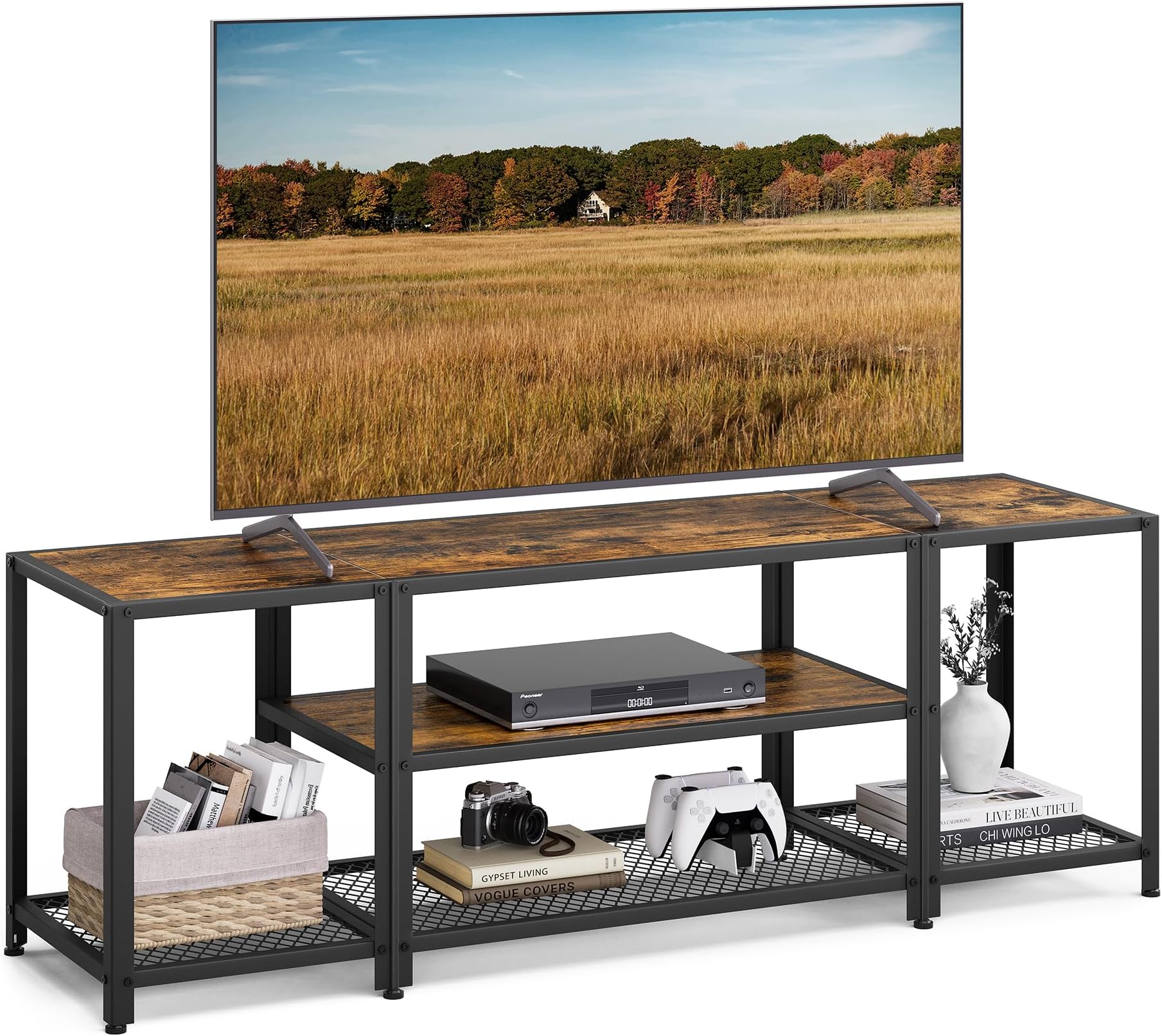 TV Stand for TVs up to 65 Inches, 3-Tier Entertainment Center, Industrial TV Console with Open Storage Shelves, for Living Room, Bedroom, Rustic Brown and Black ULTV097B01