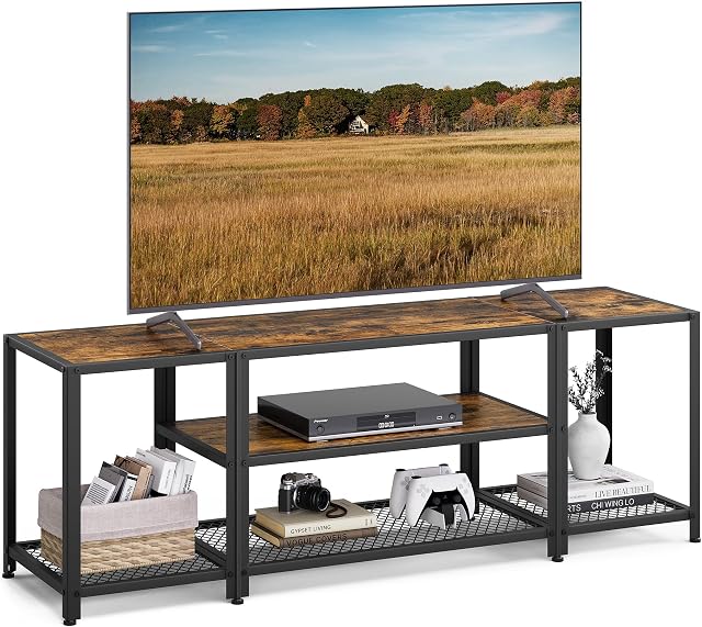 VASAGLE Moderne TV Pour les téléviseurs jusqu'à 65 Des pouces, 3-Tier Centre de divertissement industriel TV Console Table avec étagères de rangement ouvertes, pour salon, chambre, brun rustique et noir ULTV097B01