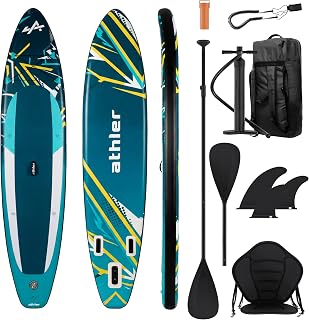Athler Zander 350 Stand up Paddling Board - SUP Board bis 180 kg - Komplettset mit Kajaksitz & 2in1 Paddel - 350 x 80 cm- Tragetasche Pumpe Finnen Leash Zubehör - Yoga & Freizeit – Orange - Grün