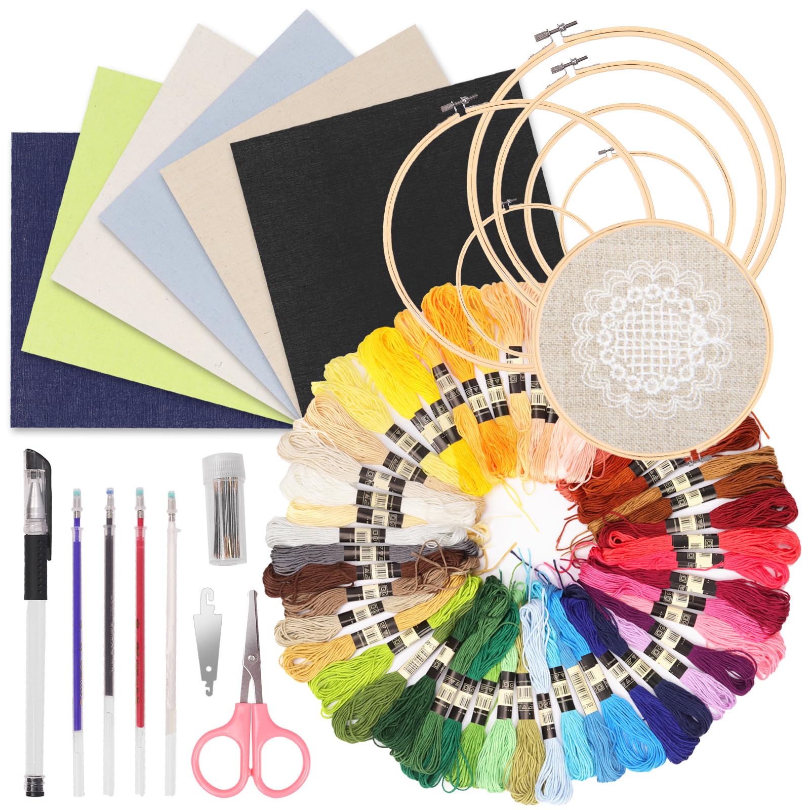 Keadic 78 Stück Stickerei Anfänger Kit enthält 6 Farben Stickerei Stoff, Nähen Maker Stifte, 50 Regenbogenfarben Stickgarn, Kreis Kreuzstich Hoop Ringe, Cutter und Nadeln für Crafting