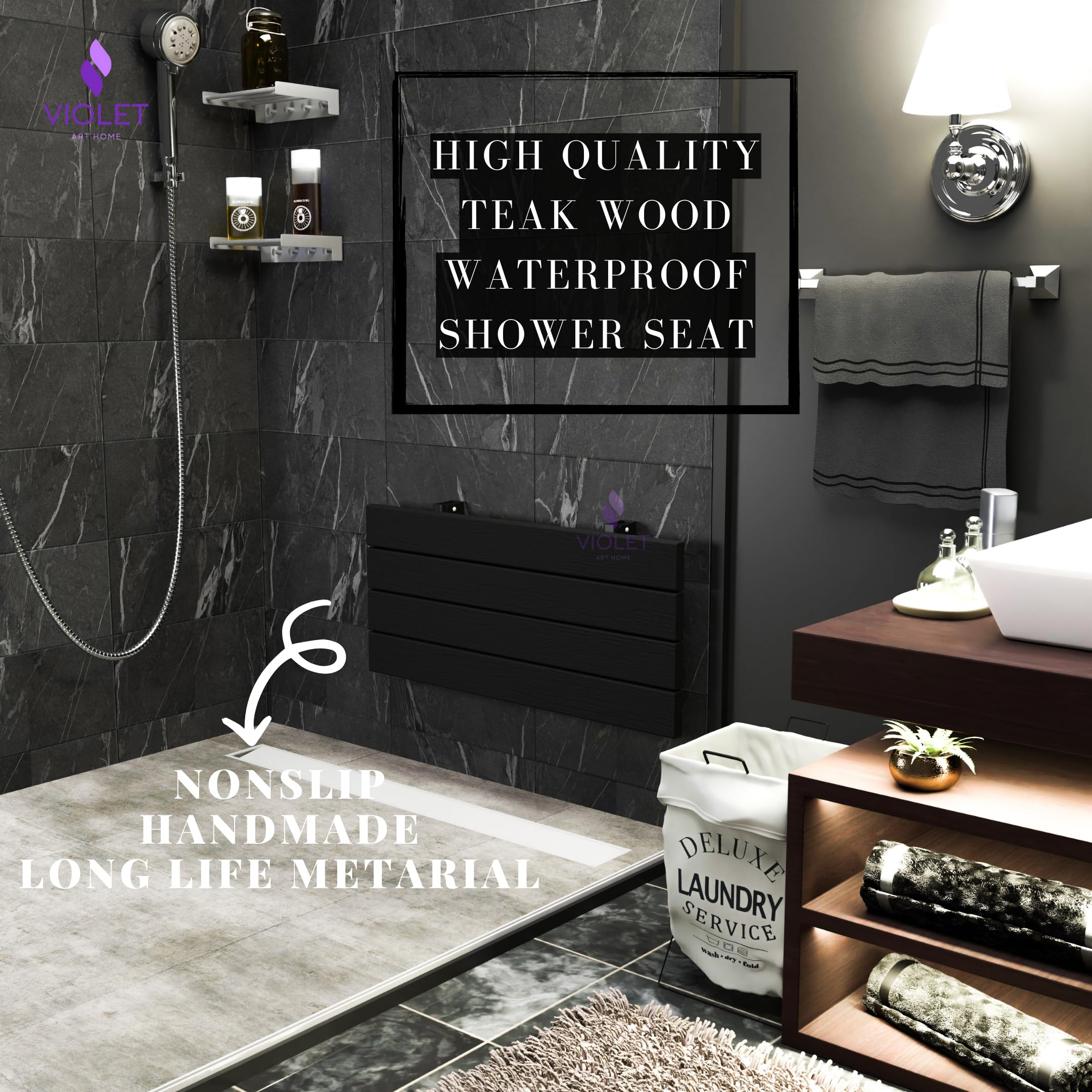 Asiento de ducha plegable de madera de teca de alta calidad de 20 pulgadas, banco plegable hecho a mano, taburete de baño compacto duradero, compatible con ADA en el interior de la silla de baño