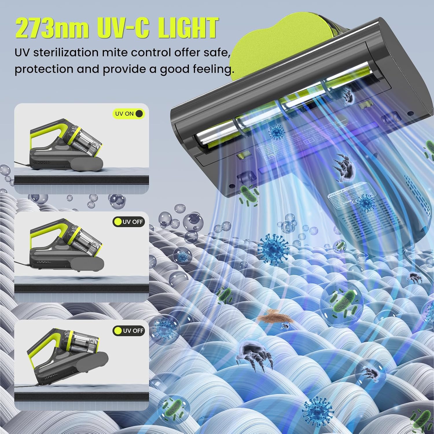Diagram showing UV-C light activation when the vacuum is in contact with a surface and deactivation when lifted