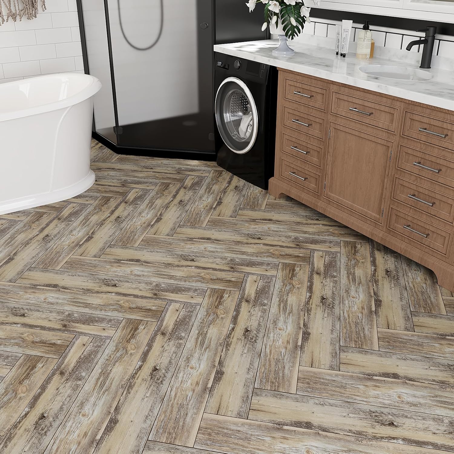 VEELIKE Distressed Vinyl Plank Flooring Waterproof Peel and Stick Floor Tile Wood Vinyl Flooring 16 Pack 24 Sq.Ft. Self Adhesive Vinyl Floor Tiles 36''x6'' Sticky Floor Tiles for Kitchen Bathroom RV